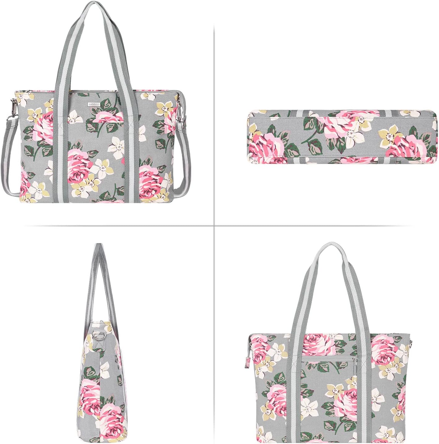 MOSISO Laptop Tote Bag for Women (17-17.3 inch), Canvas Rose Multifunctional Work Travel Shopping Duffel Carrying Shoulder Handbag Compatible with MacBook, Notebook and Chromebook, Grey - Image 6