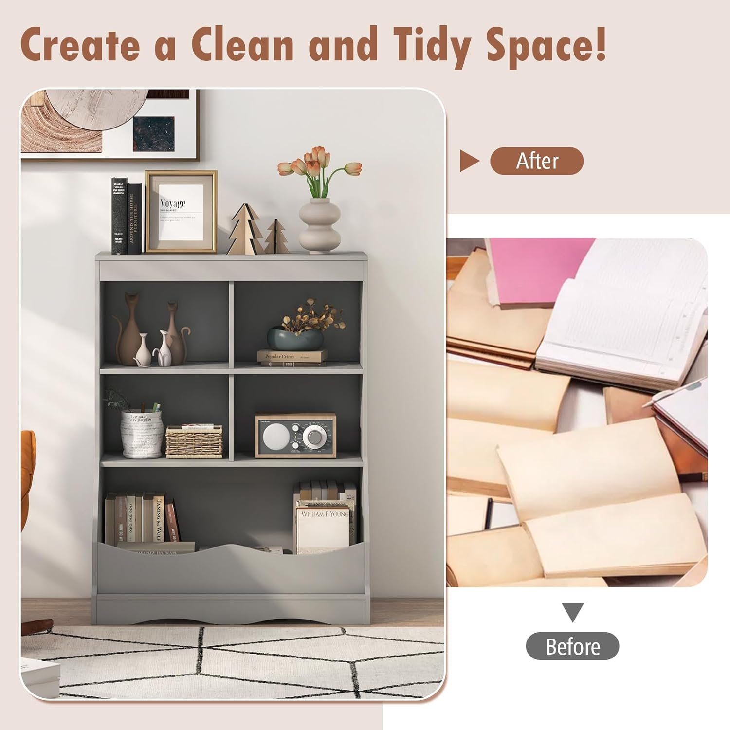 Giantex Storage Cabinet, Small Bookshelf, Short Bookcase with 4 Open Cube & Bottom Compartment, Anti-Tipping Device, Foot Pads, Cubby Storage Organizer for Study, Living Room (Grey)