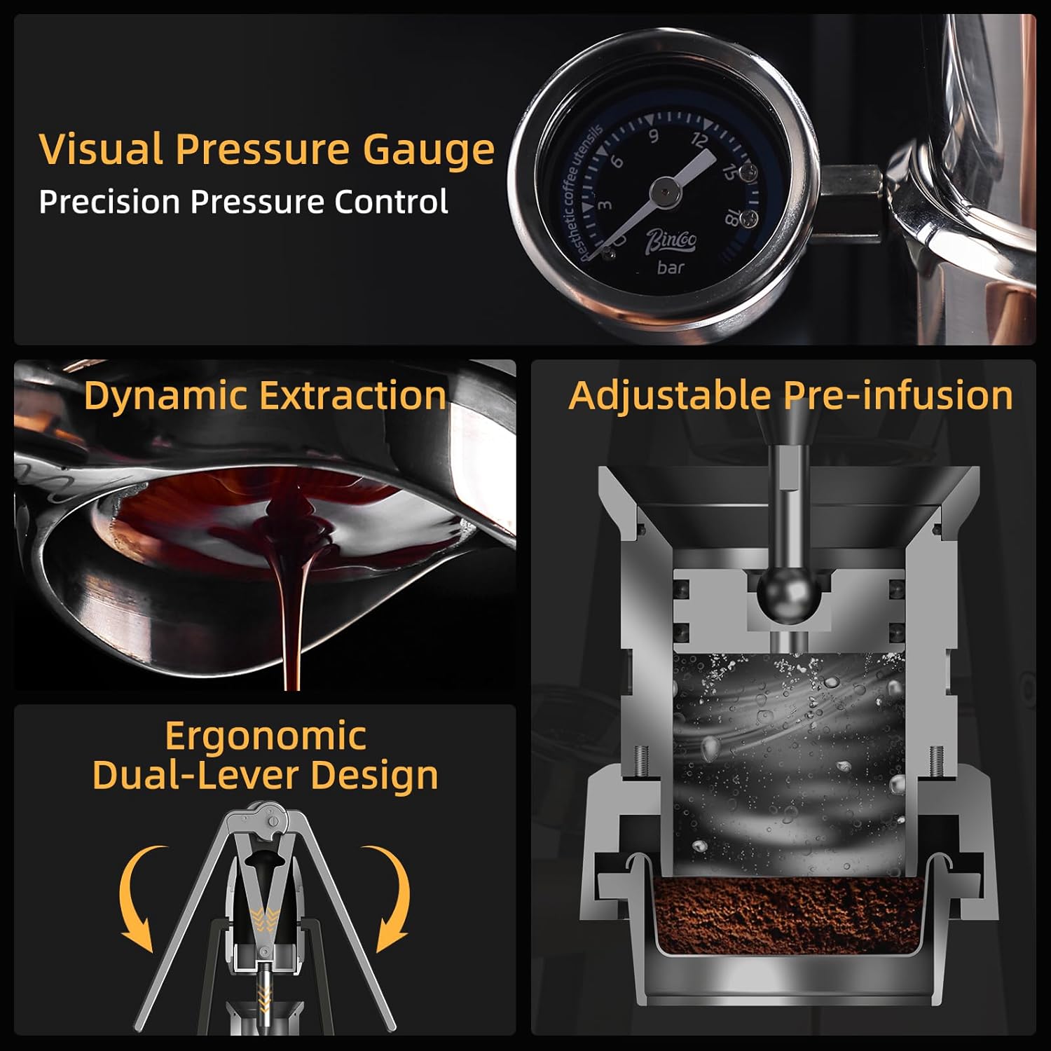 Bincoo Manual Espresso Maker Set - Hand Press Espresso Machine – 12Bar Pressure Profiling, Dual-Lever Manual Coffee Maker with Pre-Infusion, Portable for Custom Espresso Shots, Stainless Steel