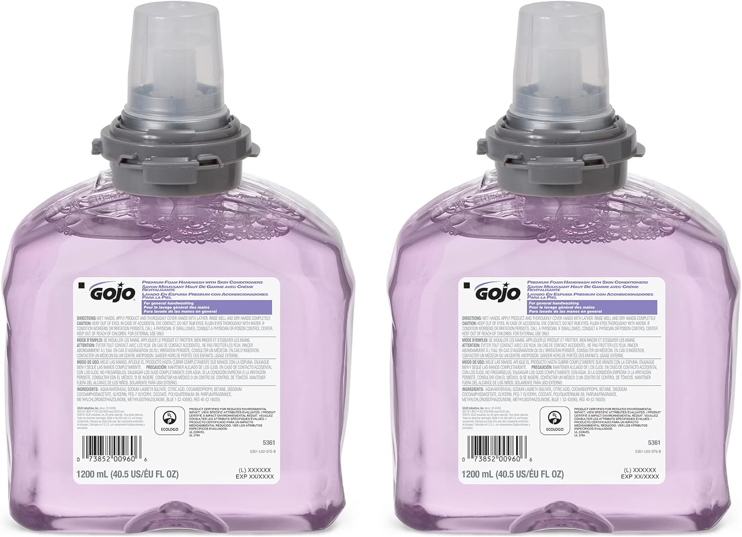 GOJO Premium Foam Handwash with Skin Conditioners, Cranberry Scent, EcoLogo Certified, 1200 mL Foam Hand Soap Refill TFX Touch-Free Dispenser (Pack of 2) – 5361-02