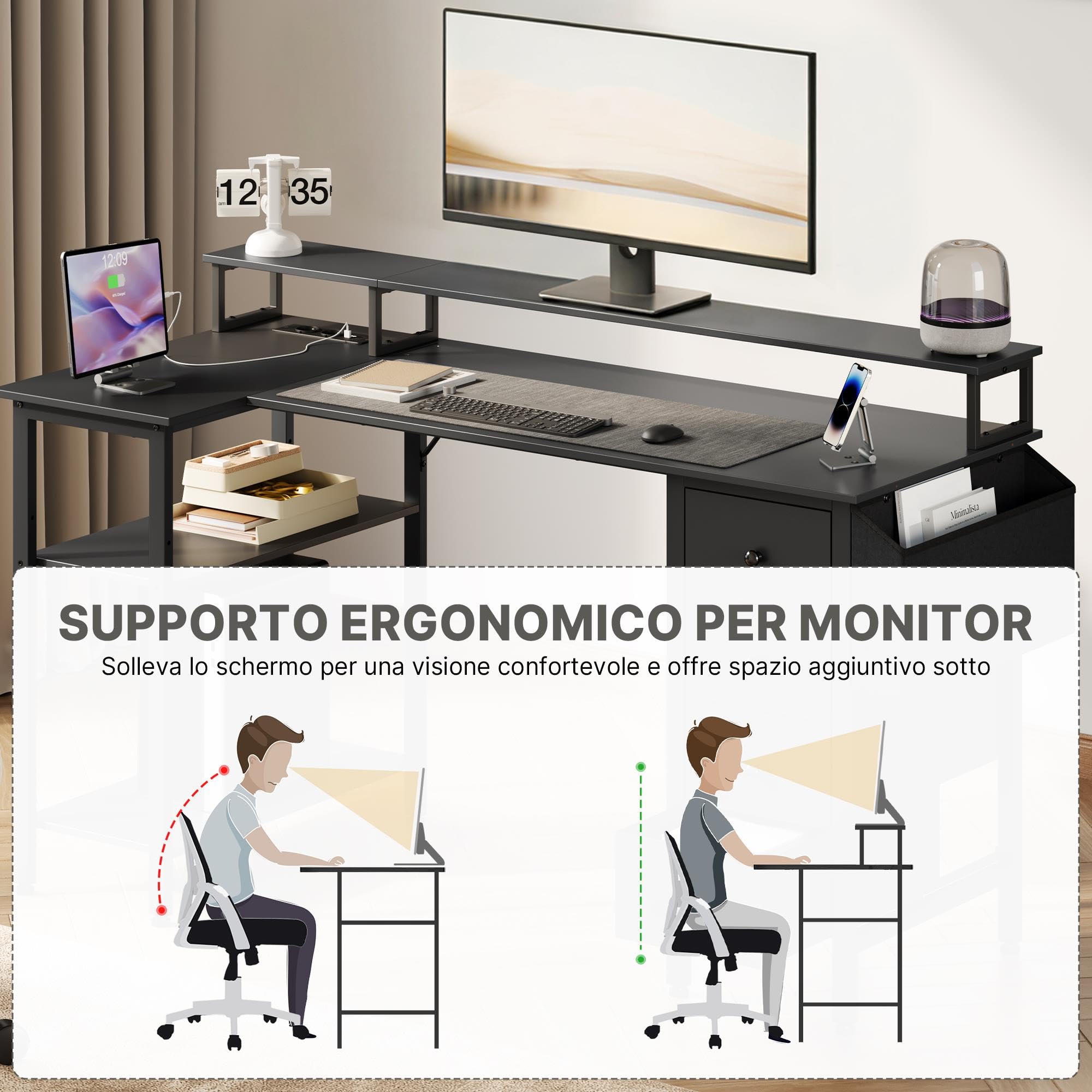 Scrivania Angolare con 4 Cassetti, 140x68cm Scrivania Reversibile | con Prese, Scrivanie a L con Scaffali Portaoggetti Tavolo per Casa Ufficio, Nero