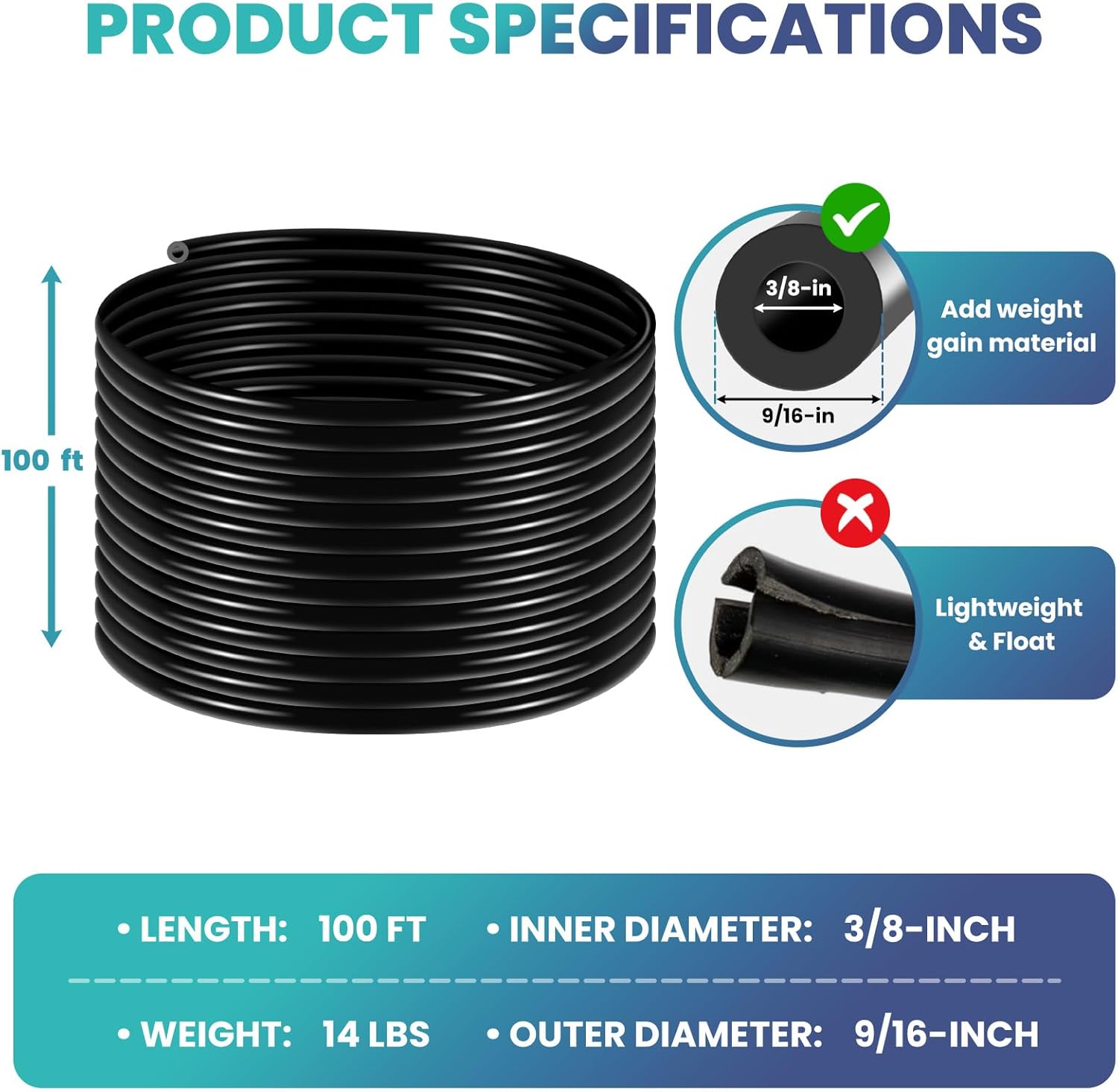 Self Sinking Aeration Hose,3/8 inch, 100 Feet Pond Aerator Hose Kit with 4 Copper Menders and 4 Stainless Steel Use for Aquaculture,Garden and Lake Aeration of Aquaculture Aeration Tubing