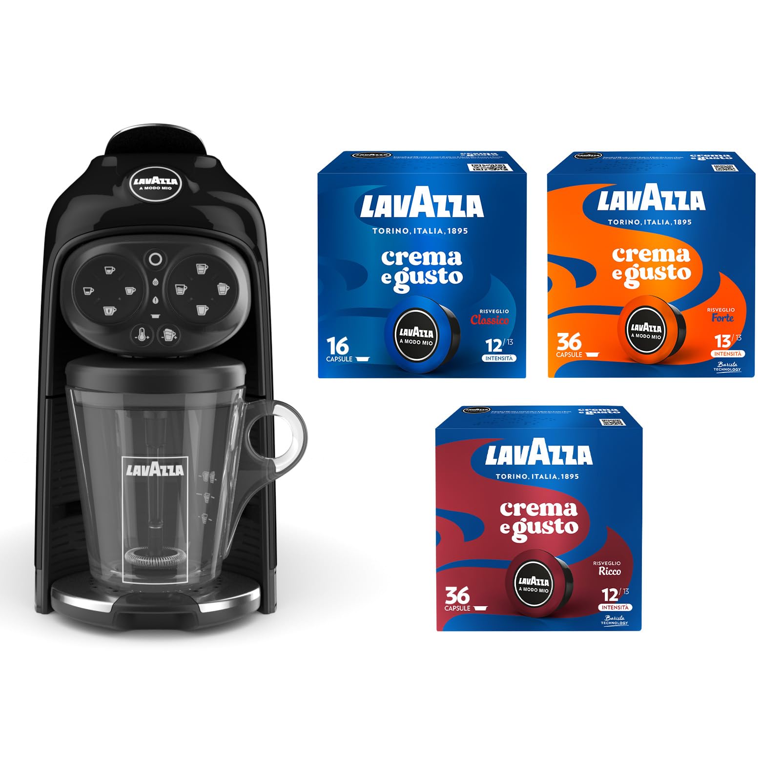 Lavazza A Modo Mio Macchina per Caffè Deséa Black con 88 Capsule Crema e Gusto Assortite Macchina per Espresso 1500 W 220-240 V 50/60 Hz Capacità Max 10 Capsule di Caffè e 1.1 Litri d'Acqua