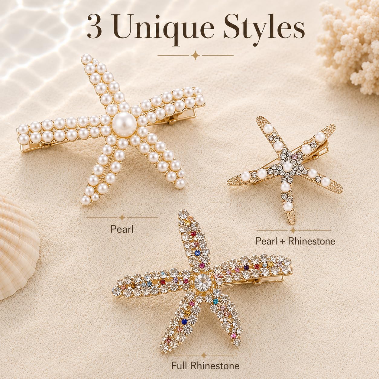 Starfish Hair Clips for Women and Girls, 3PCS Pearl Rhinestone Gold Metal Barrettes, Beachy Hair Accessories for Summer Vacation, Coastal Ocean Inspired Hair Jewelry for Teens image 2