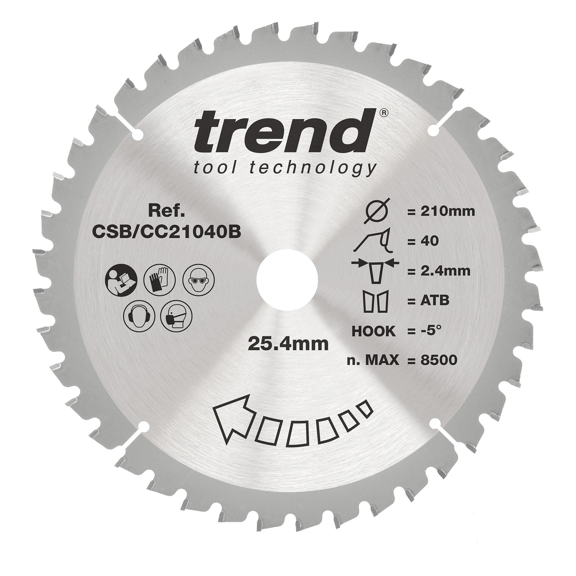 Trend Wood Mitre Saw Blade, 210mm Diameter, 25.40mm Bore, 40 Teeth, 2.4mm Kerf, -5° Hook, TCT, Fine Finish, CSB/CC21040B