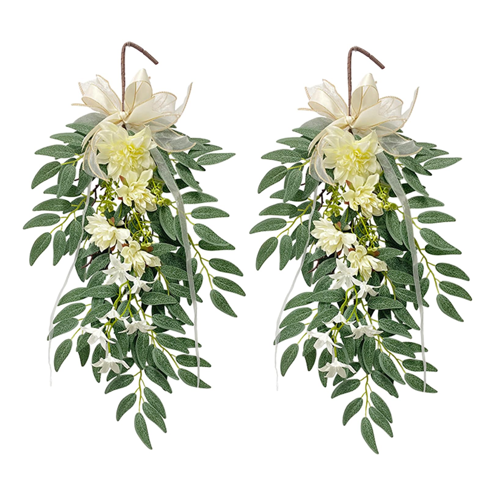 2 Pack Pre-lit Teardrop Swag with String Lights, 26.4 inch Spring Summer Teardrop Swag Wreaths for Front Door with Artificial Flowers, Wall Stair Shelf Valentines Day Wedding Anniversary Home Décor