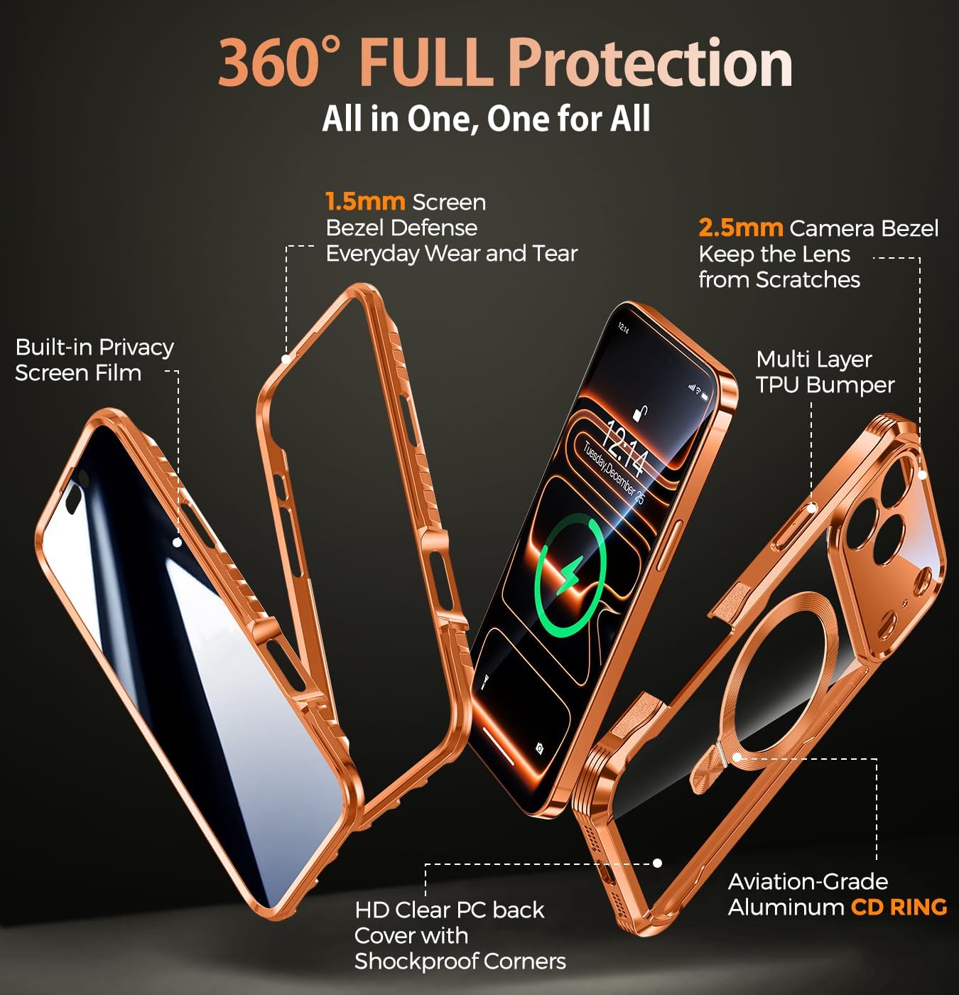 Reukdnv [Built-in Privacy Screen Protector & Invisible Ring Stand] Privacy Case for iPhone 17 Pro Max 6.9'' [Soft Bumper Full Signal] [Compatible with MagSafe] Full-Body Shockproof Clear Case, Orange - Image 7