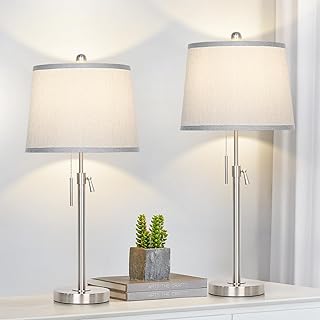 Table Lamps Set of 2, Bedside Lamp Silver Tall Table Lamps for Living Room End Tables, 22" to 30" Adjustable Height Lamp for Bedroom Nightstand Farmhouse with Pull Chain(Bulbs Included)