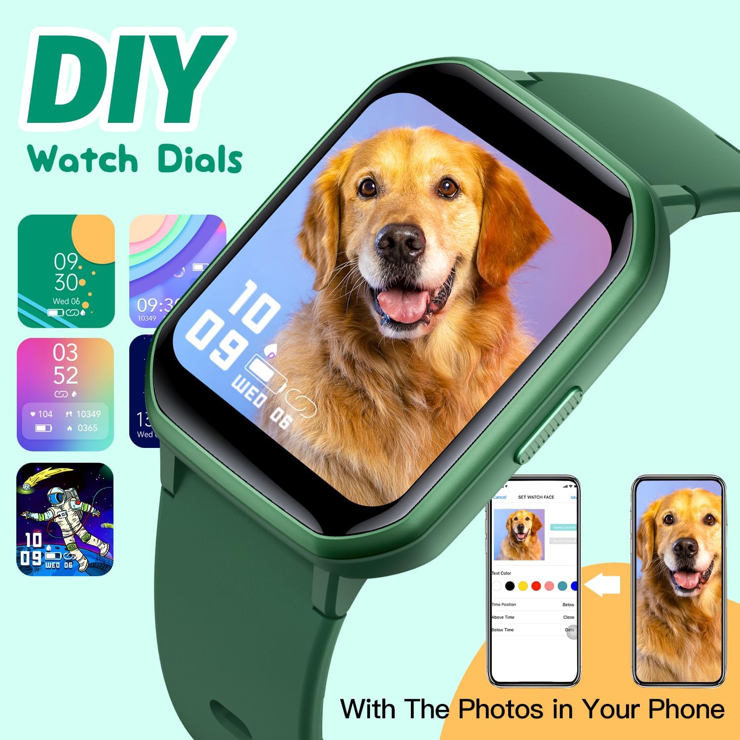 Kids Smart Watch for Girls,IP68 Waterproof Kids Fitness Tracker Watch with 1.5 Inch DIY Face,Heart Rate Sleep Monitor,19 Sport Modes,Calories Counter,Alarm Clock,Great Gifts for Children 6+(Green)