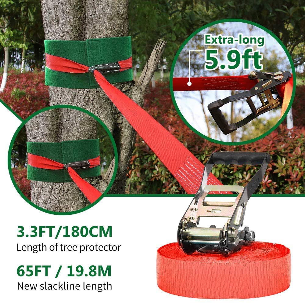 Dripex Slackline Kinder, Ninja Slackline 2×20m und Ninja Warrior Hindernisparcours Garten im Freien,Ninja Parcours Kinder mit Schaukel, Kletterleiter, Kletternetz und Baumschutz, geeignet für Anfänger