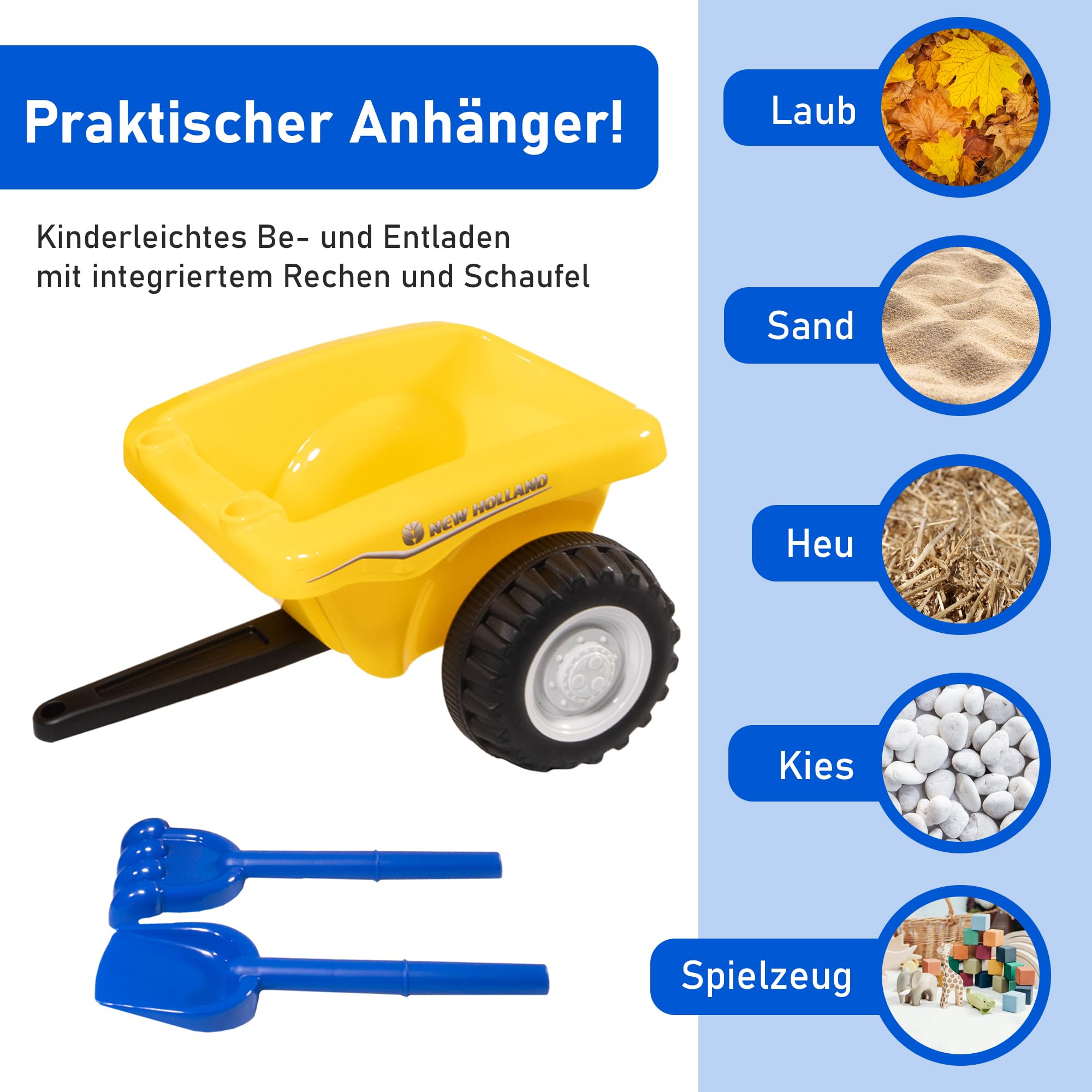 Lemodo Rutschauto Traktor New Holland ab 1 Jahr | Kinderauto mit Anhänger | Rutschfahrzeug mit Schaufel und Rechen | Kinderfahrzeug in gelb | Rutscher mit Sound, Licht | Lizenziertes Kinderspielzeug