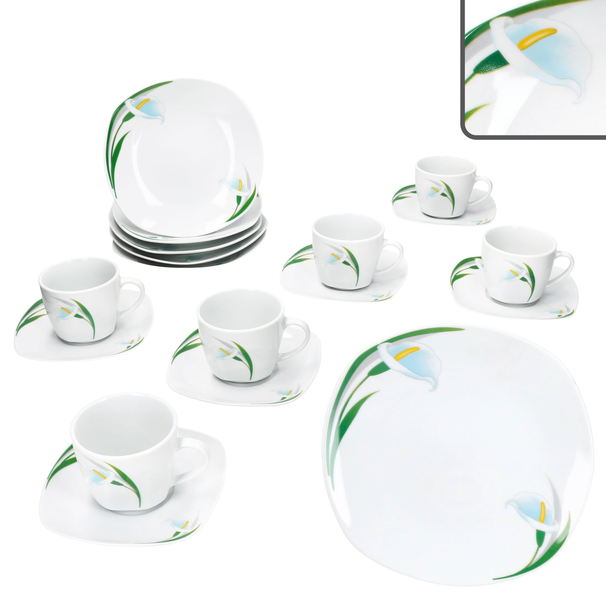 MamboCat 18tlg Kaffeeservice White Calla I Florale stilvolle Porzellan-Geschirr mit Blumen-Dekor für 6 Personen I Je 6X Tassen 150ml, Untertassen & Teller für Frühstück & Kaffee
