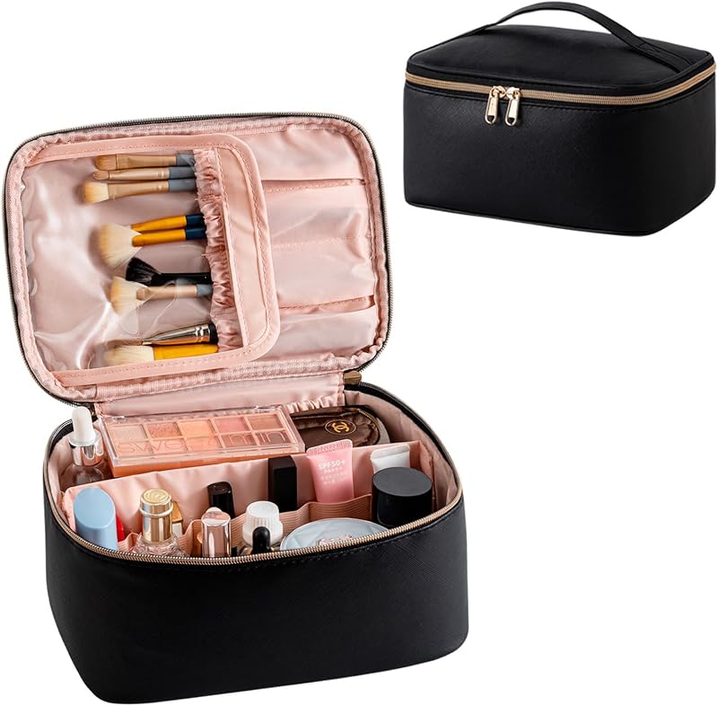 Necessaire organizadora de maquiagem JRQCSJY preta com estojos para pincéis, divisórias e zíper