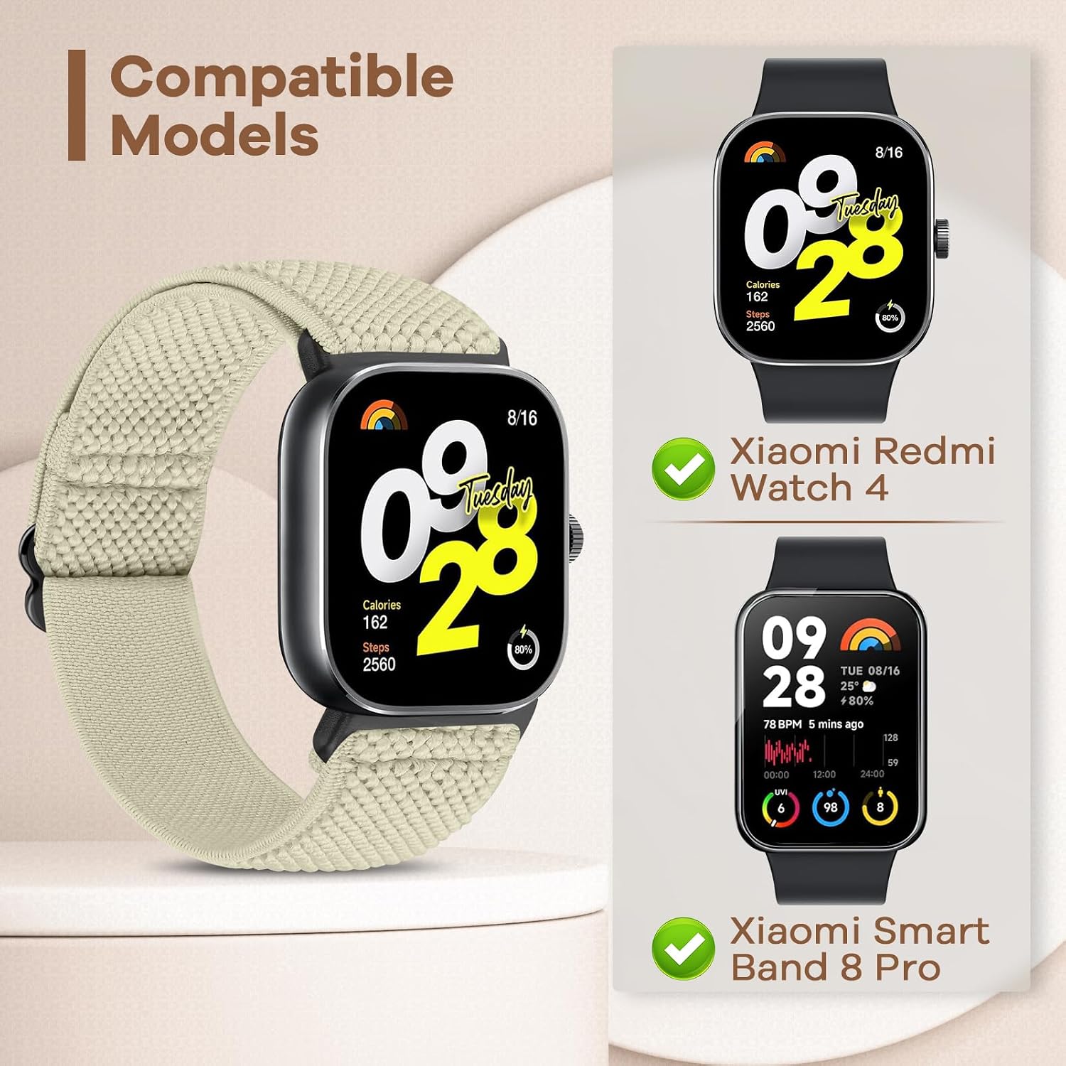 Tiptops Bands Compatible with Redmi Watch 4 / Xiaomi Mi Smart Band 10 Pro/Xiaomi Smart Band 9 Pro/Xiaomi Smart Band 8 Pro Strap for Women Men, 2 Pack Soft Elastic Nylon Replacement Wristbands Bracelet image 2