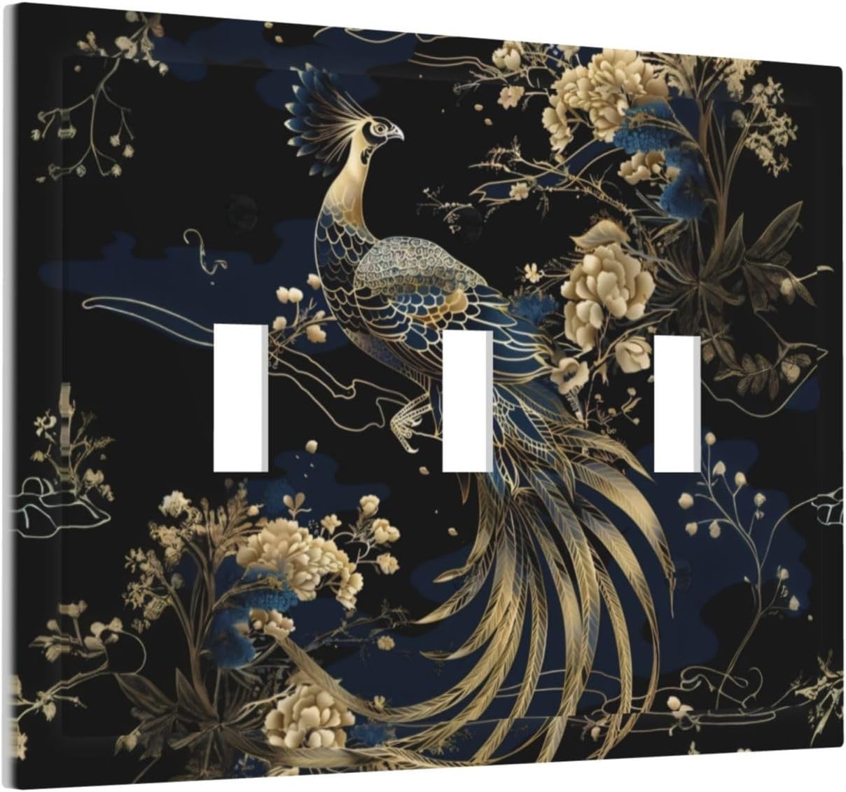 Gold Peacock Golden Peony Flowers Plants Triple Toggle Light Switch Covers Decorative 3 Gang Wall Plate Covers 3 Hole Electrical Device Switchplate Dimmer Faceplate for Country Bathroom Decor image 2