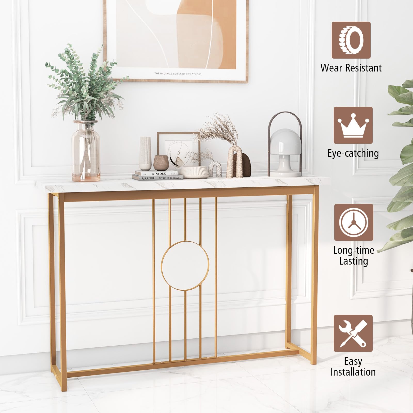 LIFEZEAL Table Console en Marbre, Meuble Entrée, Table d'Appoint Étroite avec Structure en Métal, Style Moderne, pour Entrée, Couloir, Salon, 120 x 30 x 80,5 cm, Blanc et Doré