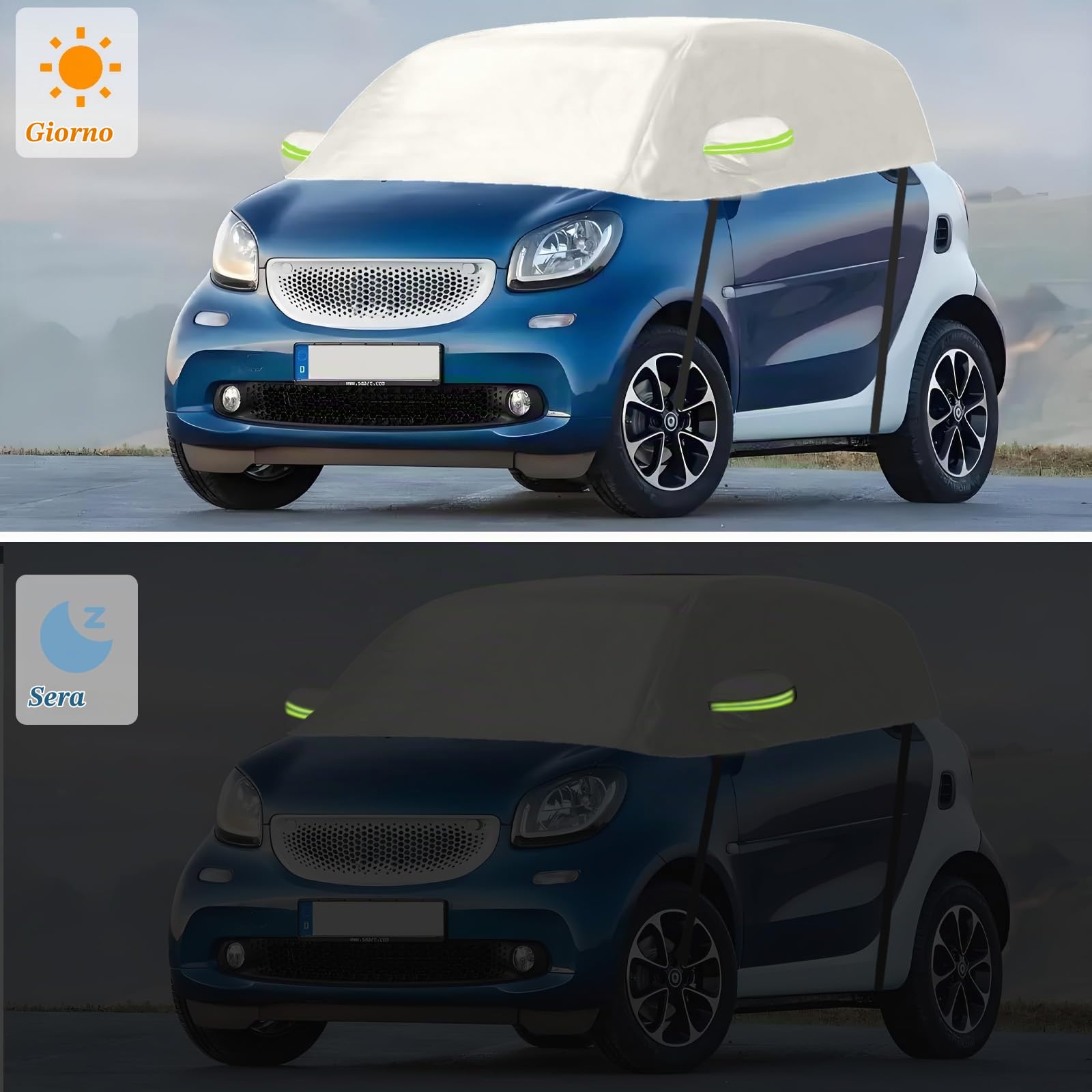 Mezza Copertura per Auto Compatibile con Smart Fortwo 2006-2025, Telo Copriauto da Esterno, Telo Copertura Impermeabile Anti-UV Anti Vento Antipolvere (Bianco)