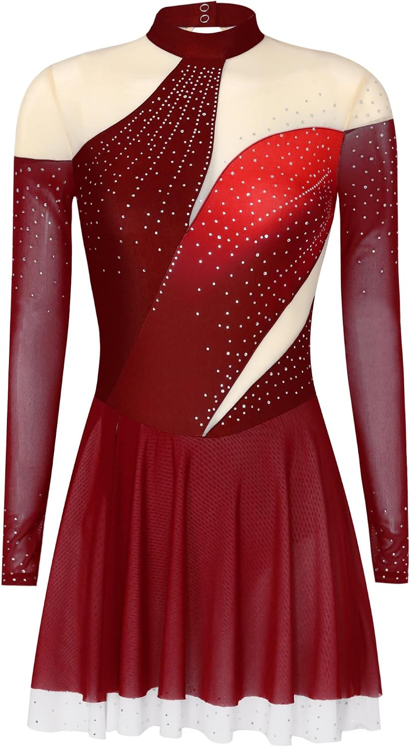 Vxuxlje Womens Color Block Figure Skating Dance Dress Rhinestone Mesh Patchwork Leotard Dress