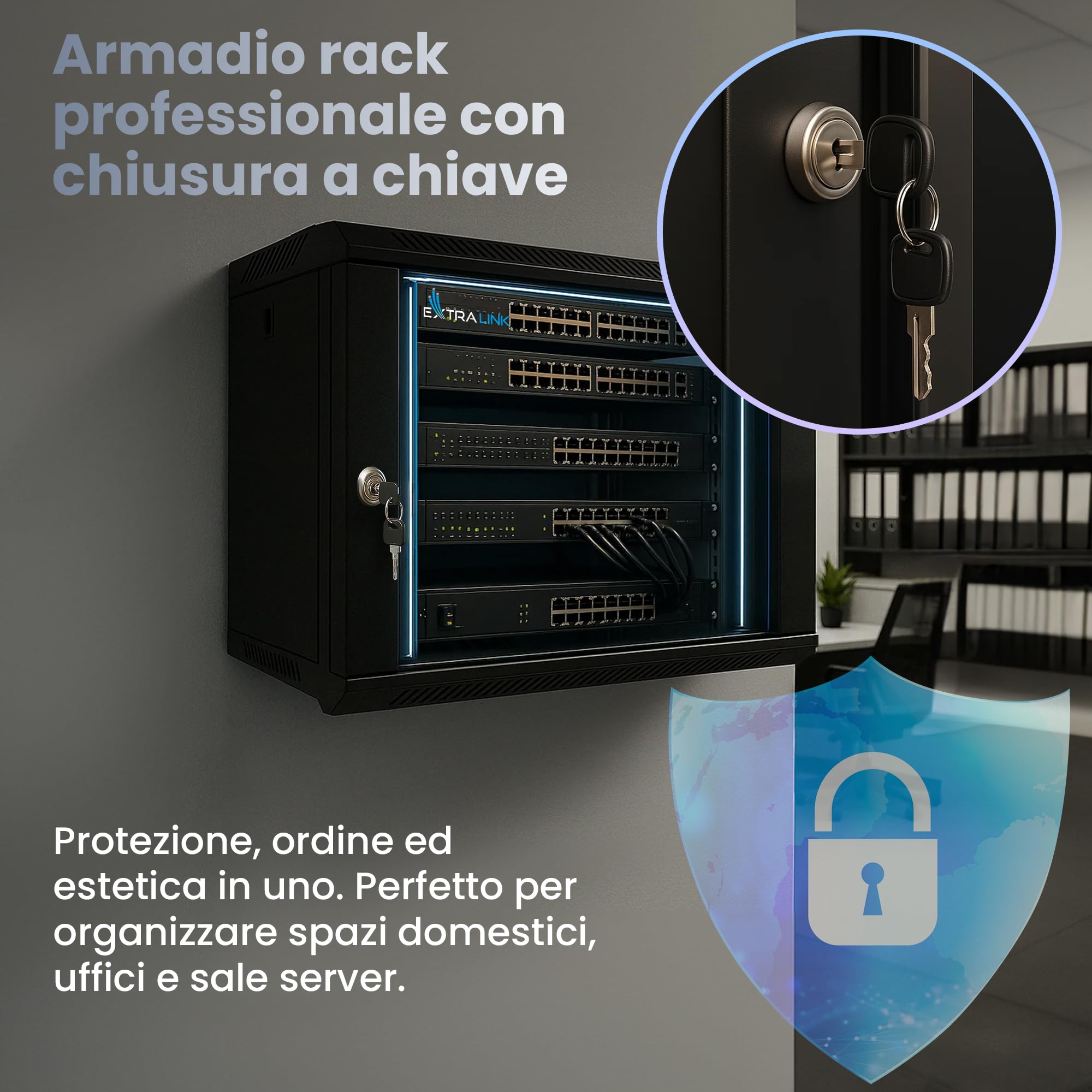 Armadio Rack 19 pollici 6U 400 mm 60 kg porta in vetro temperato nero