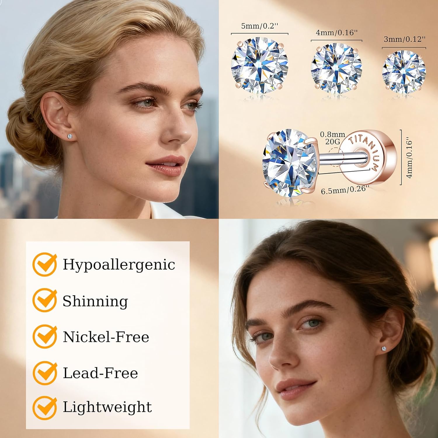 Limerencia Moissanite Stud Earrings, 3 Pairs Titanium Screw Back Earring, D Color VVS1 Clarity Lab-created Moissanite Earrings, Hypoallergenic G23 Pure Titanium for Women Men Sensitive Ears - Image 3