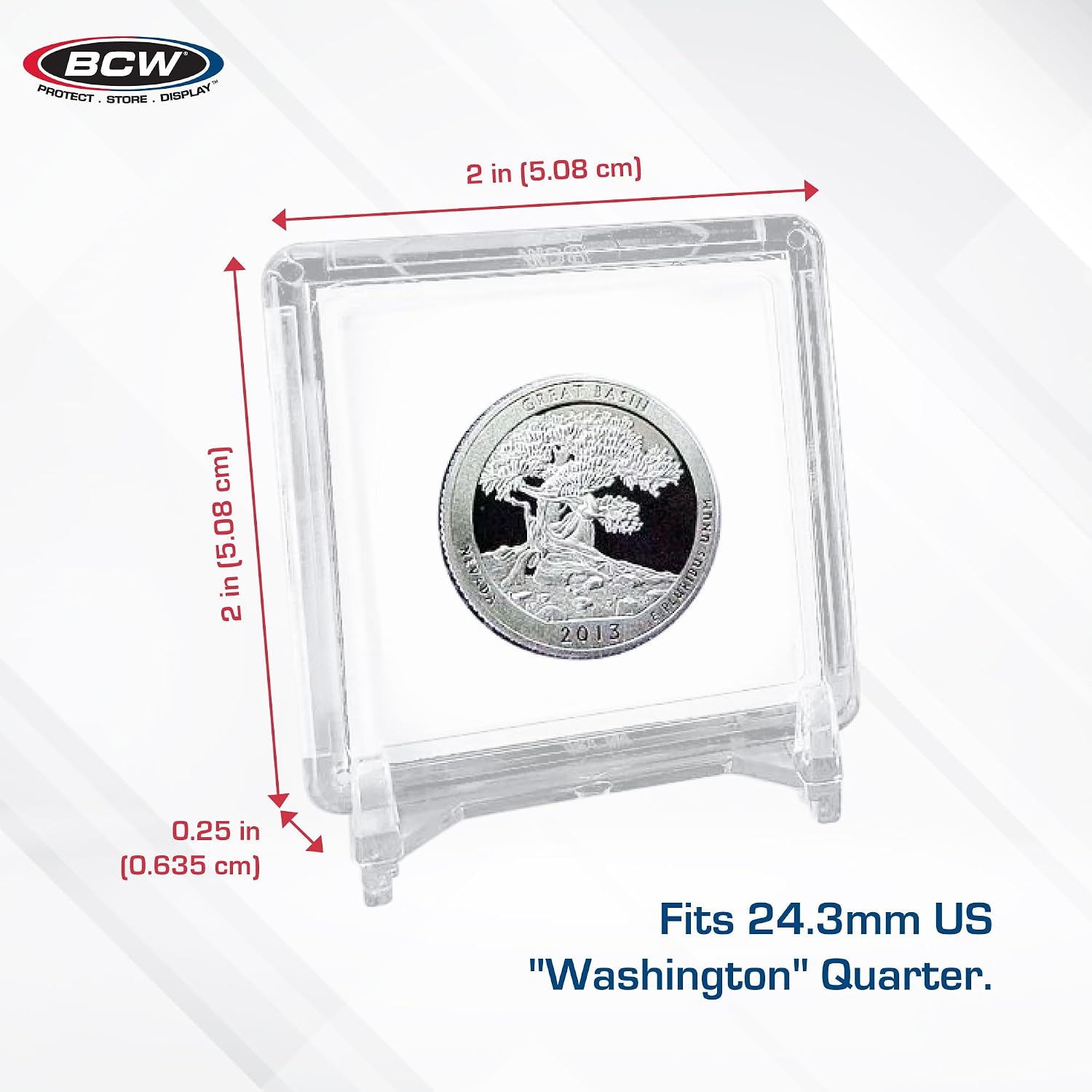BCW 2x2 Quarter Coin Snap Holders, Clear Archival Display Cases, 25 Count | Clear inert polystyrene holders fit 24.3 mm US Washington quarters, with reversible black or white inserts for display.