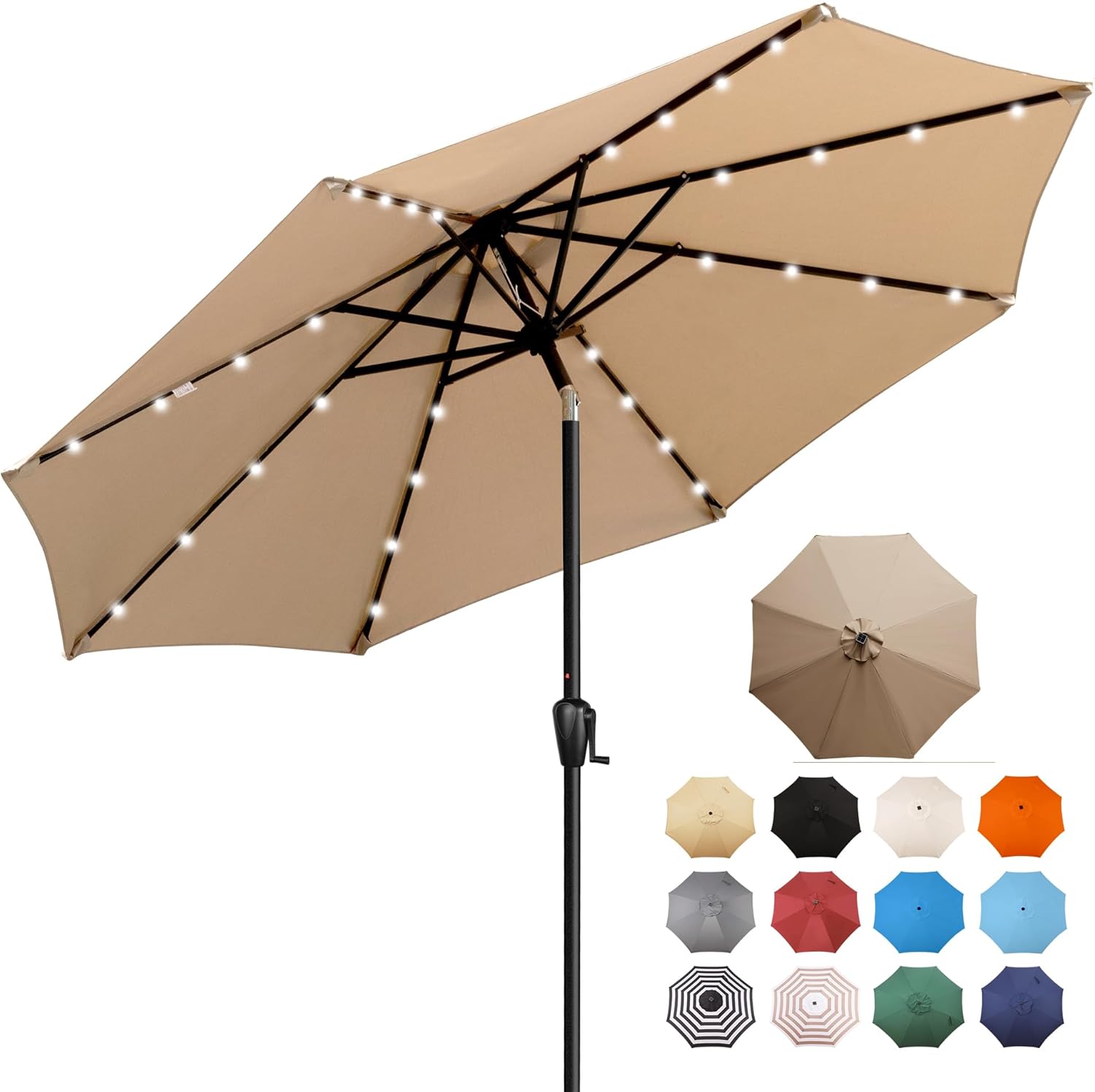 9' Round Patio Umbrella with 32 Solar Powered LED Lights, Push-Button Tilt and Hand Crank Lift, Solar Umbrella in Taupe for Porch, Deck, and Patio by Sun-Ray