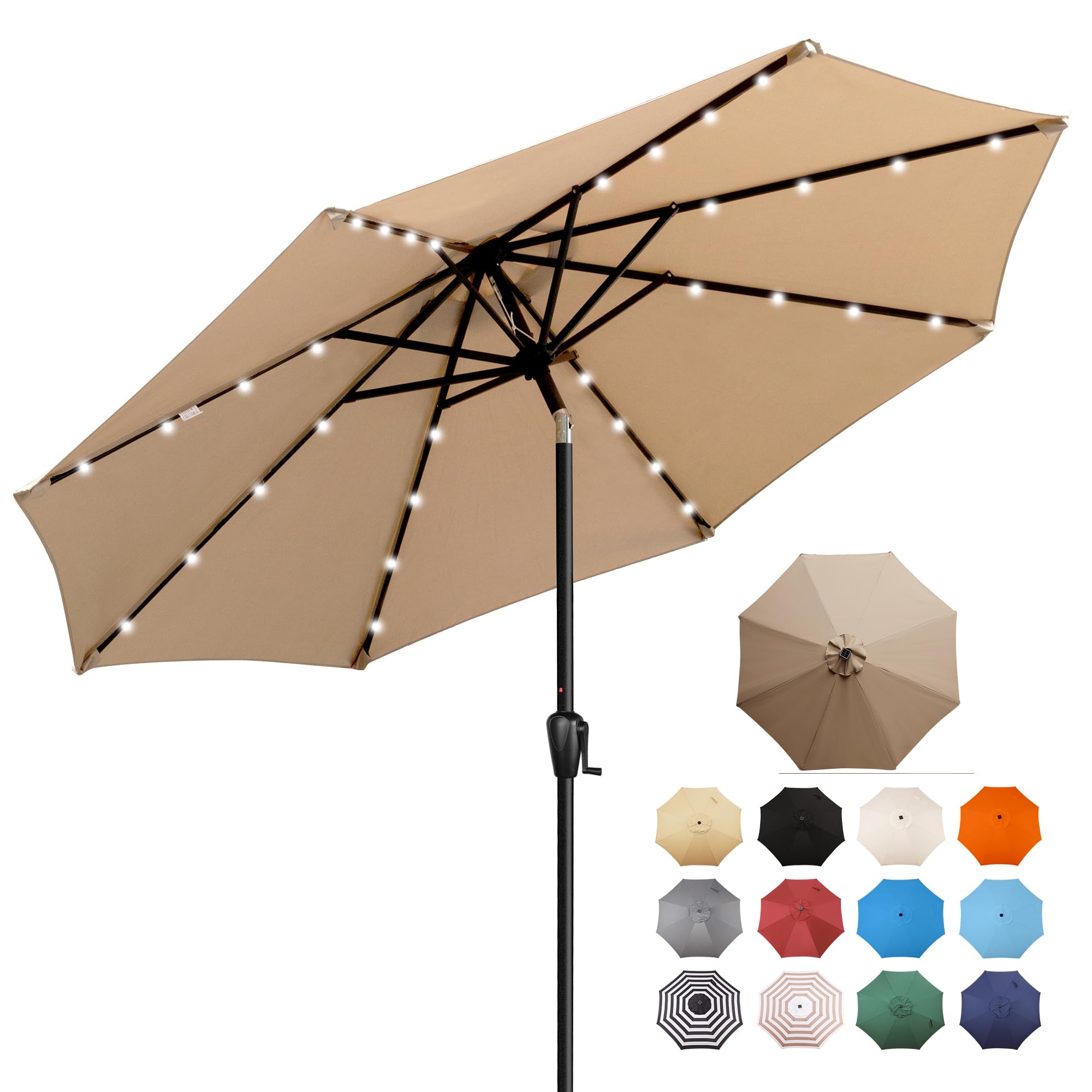 Sun-Ray 9' Round Patio Umbrella with 32 Solar Powered LED Lights, Push-Button Tilt and Hand Crank Lift, Solar Umbrella in Taupe for Porch, Deck, and Patio