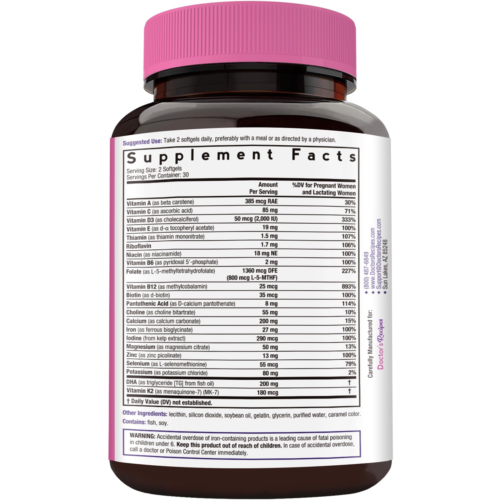 Doctor's Recipes Prenatal Multivitamin with DHA & Folate (L-5-MTHF) for Expecting & Planning Moms, Gentle Comprehensive Nutrient Support, 60 Softgels — Amazon image 3