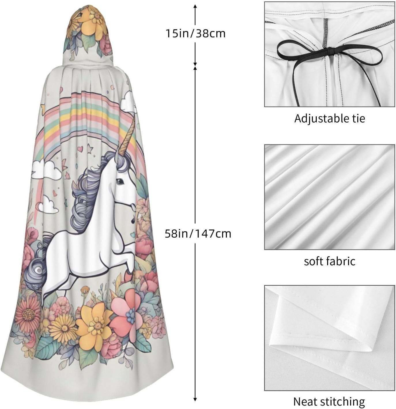 Unisex Full Length Hooded Halloween Christmas Party Robe Cloak Cape Cosplay Costume Men Women Beautiful Rainbows and Unicorns Prints