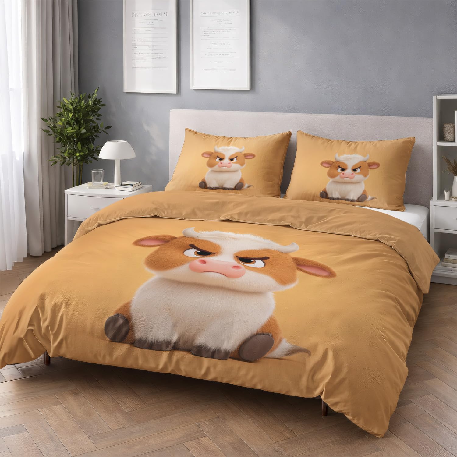 Poszwa na kołdrę Zima Zwierzęta - 220 x 240 cm - Dwustronna pomarańczowa mandarynka z mikrofibry - 2 poszewki na poduszki w zestawie - Urocza zrzędliwa krowa Pościel - Morbid Microfiber Duvet Cover