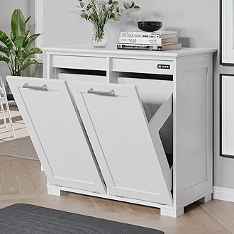 Tilt Out Trash Cabinet Wooden, Double Door 2x10 Gallons, White Finish