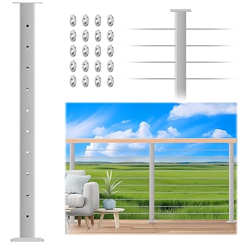 36" Brushed Finish Cable Railing Post, Fixed Top Level Drilled