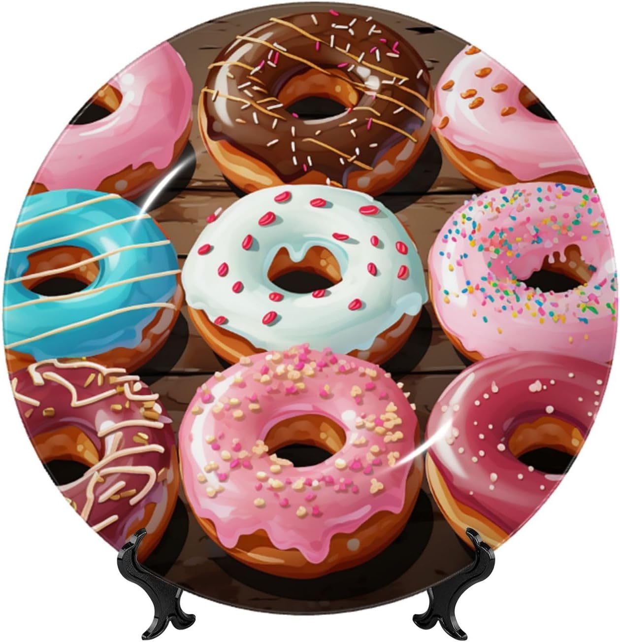 Bone China Decorative Plate 6in Art Crafts Ceramic Decorative Plates with Display Stand Donuts Dinner Plates Round Ceramic Ornaments Art Porcelain Plate for Home Office Wall Decor