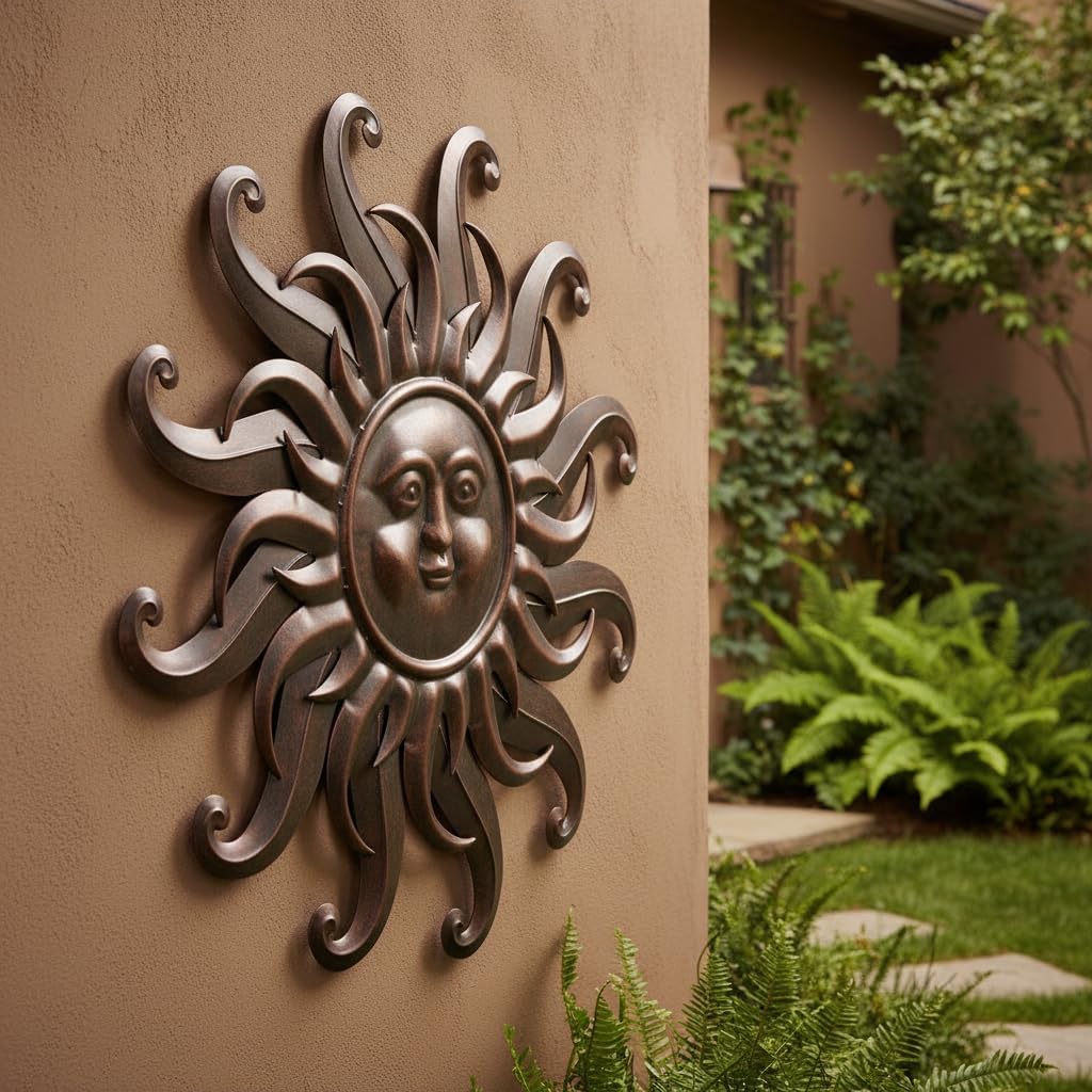 Comfy Hour 25" Bronze Metal Sun Face Wall Art, Antique Vintage Celestial Figurine Style Home Decor, Large Outdoor Garden Sculpture, Patio 3D Decor, Farmhouse Rustic,