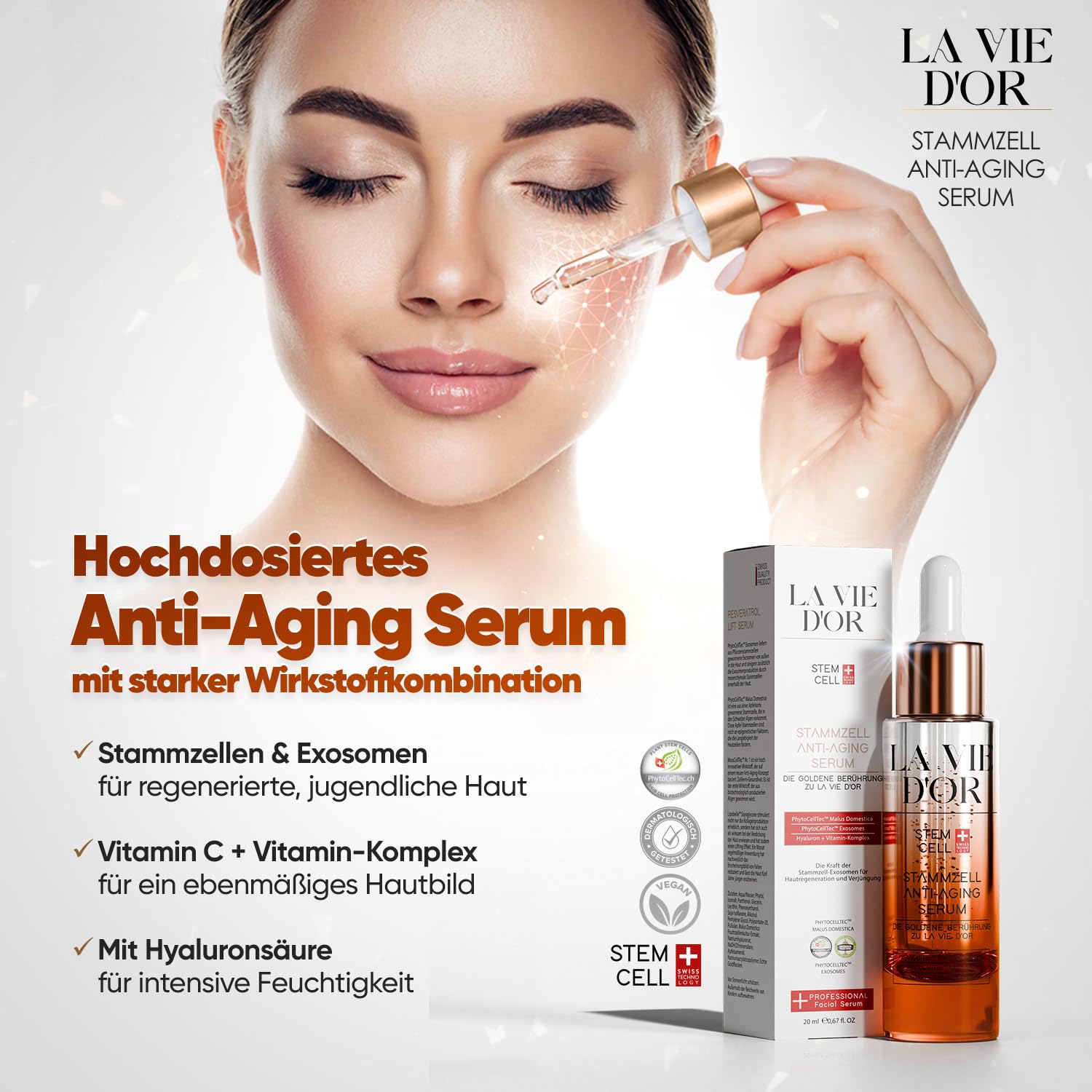 La Vie D'Or Komplettpflege-Set – Anti-Aging Serum + Lippenpflege Serum + Haar- & Kopfhautserum + Gesichtscreme SPF 30 – Stammzellentechnologie – Vegane Luxuspflege