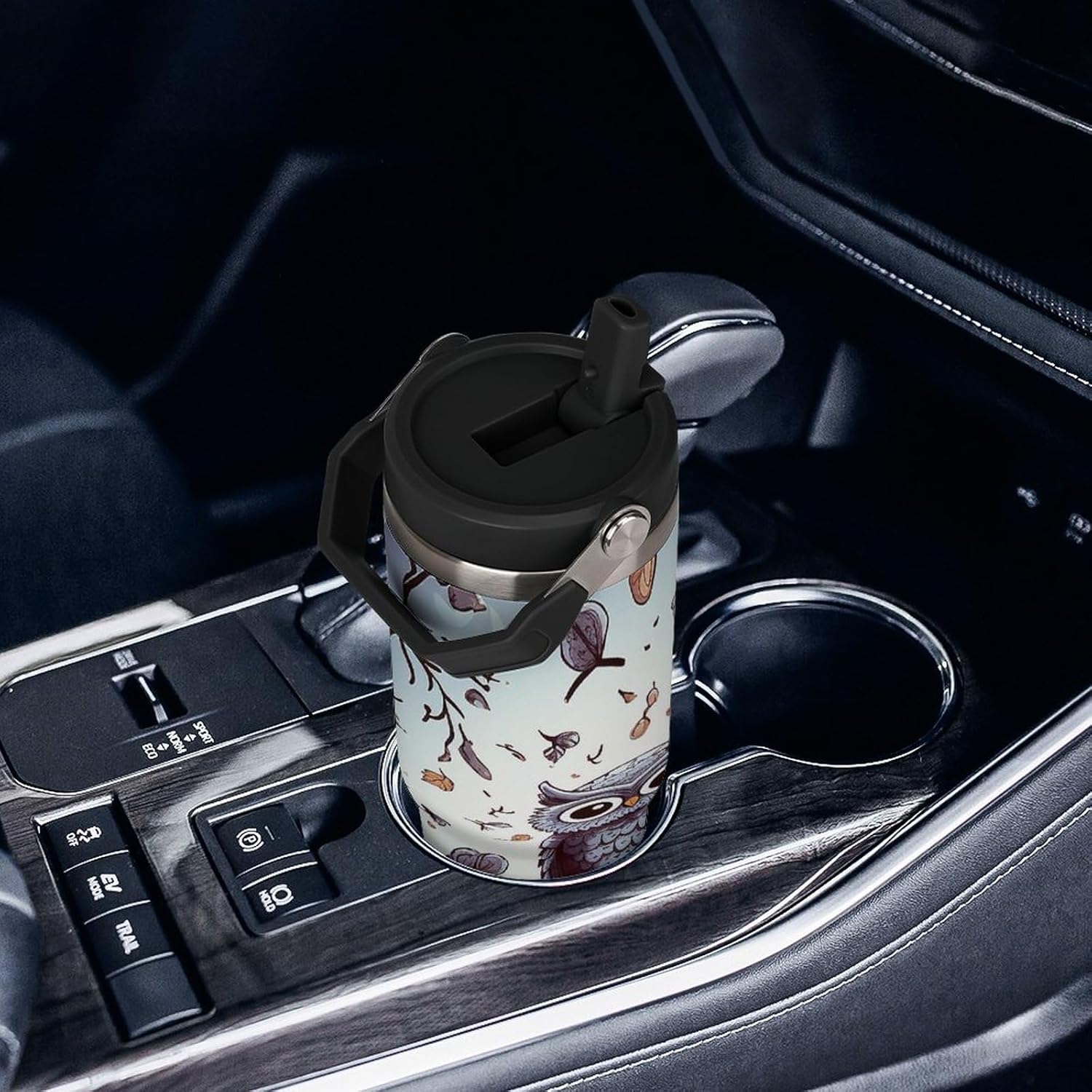 30oz Insulated Tumblers with Top Handle, Stainless Steel Owl Tree Branches Car Cup with Straw for Gift, Leak-Proof Double Wall Vacuum Travel Mug, Personalized Water Bottles Black