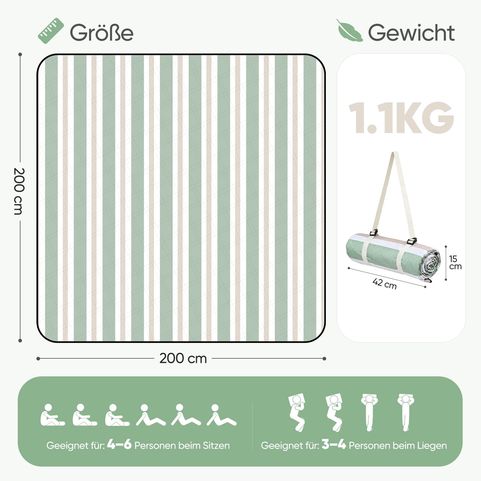 Sekey Picknickdecke Wasserdicht 200x200 cm, Stranddecke Sandfrei | Gepolstert, Dreischichtige Struktur, PEVA-Wasserfestboden, Bindegurt-Trageriemen, geeignet für Picknick, Camping, Strand