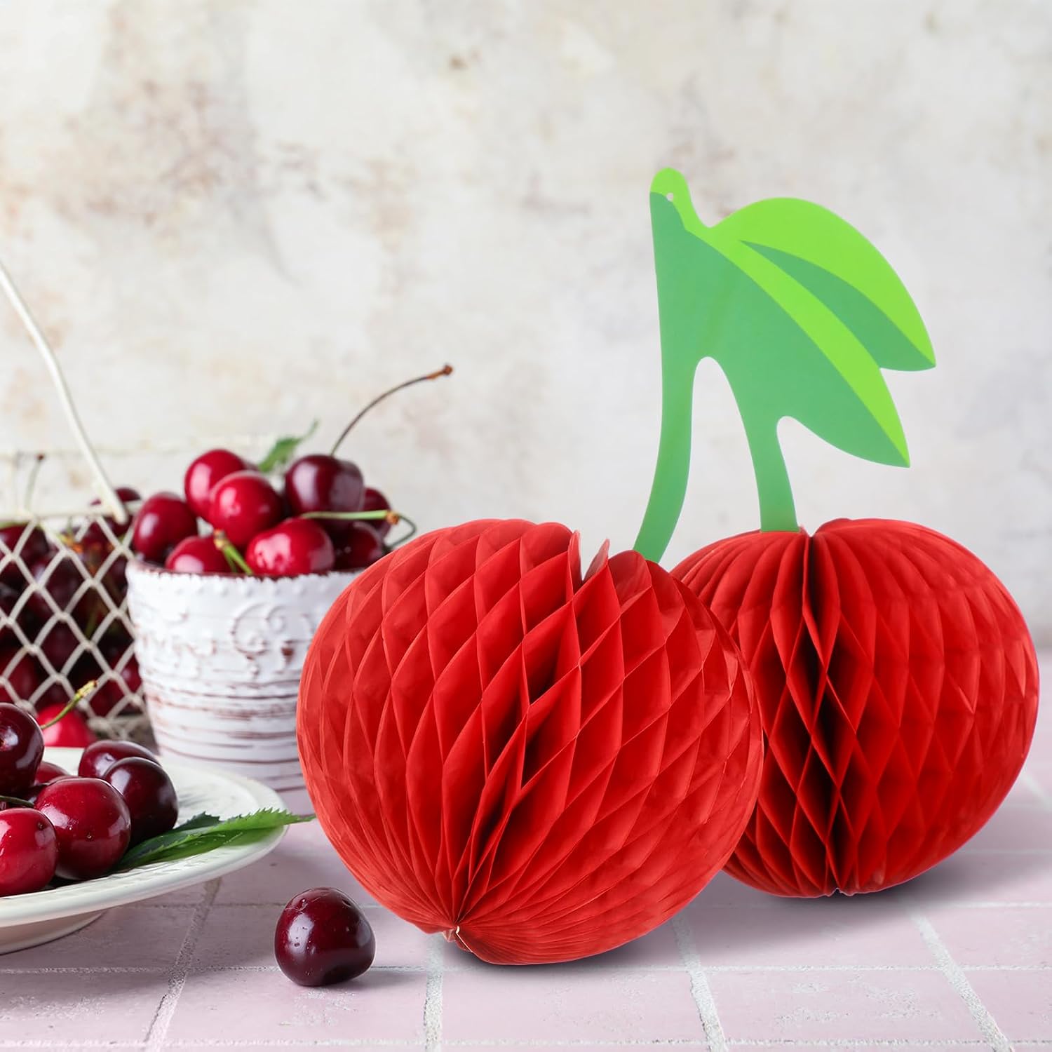 Cherry Birthday Party Decorations Hanging Paper Honeycomb Cherry Table Centerpieces Paper Lanterns for Ceiling Fruit Party Decor(Red)