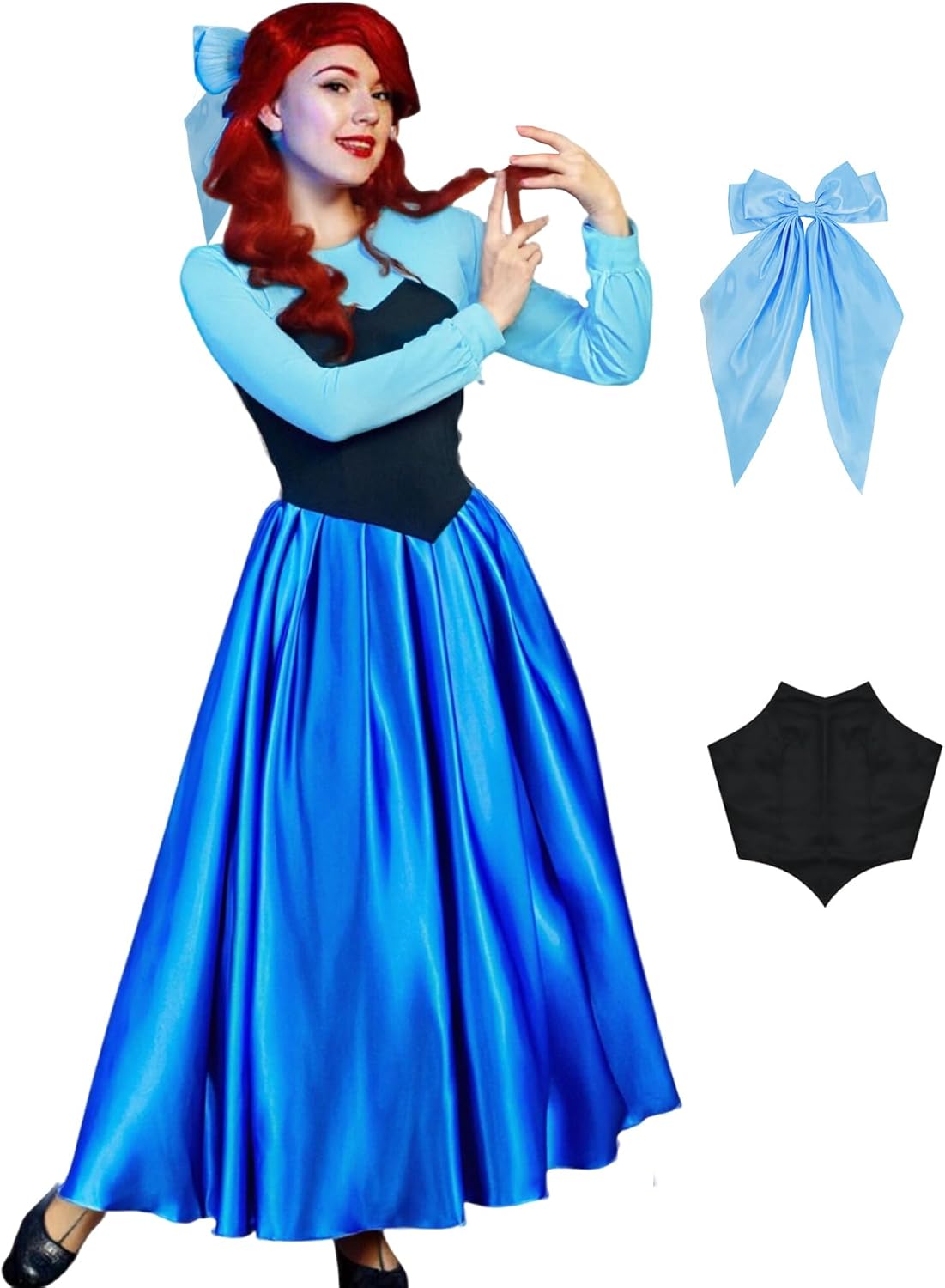 Poboola Ariel Costume Women Mermaid Princess Dress Adult Halloween Party Cosplay Blue Classic Fancy Dress with Headwear
