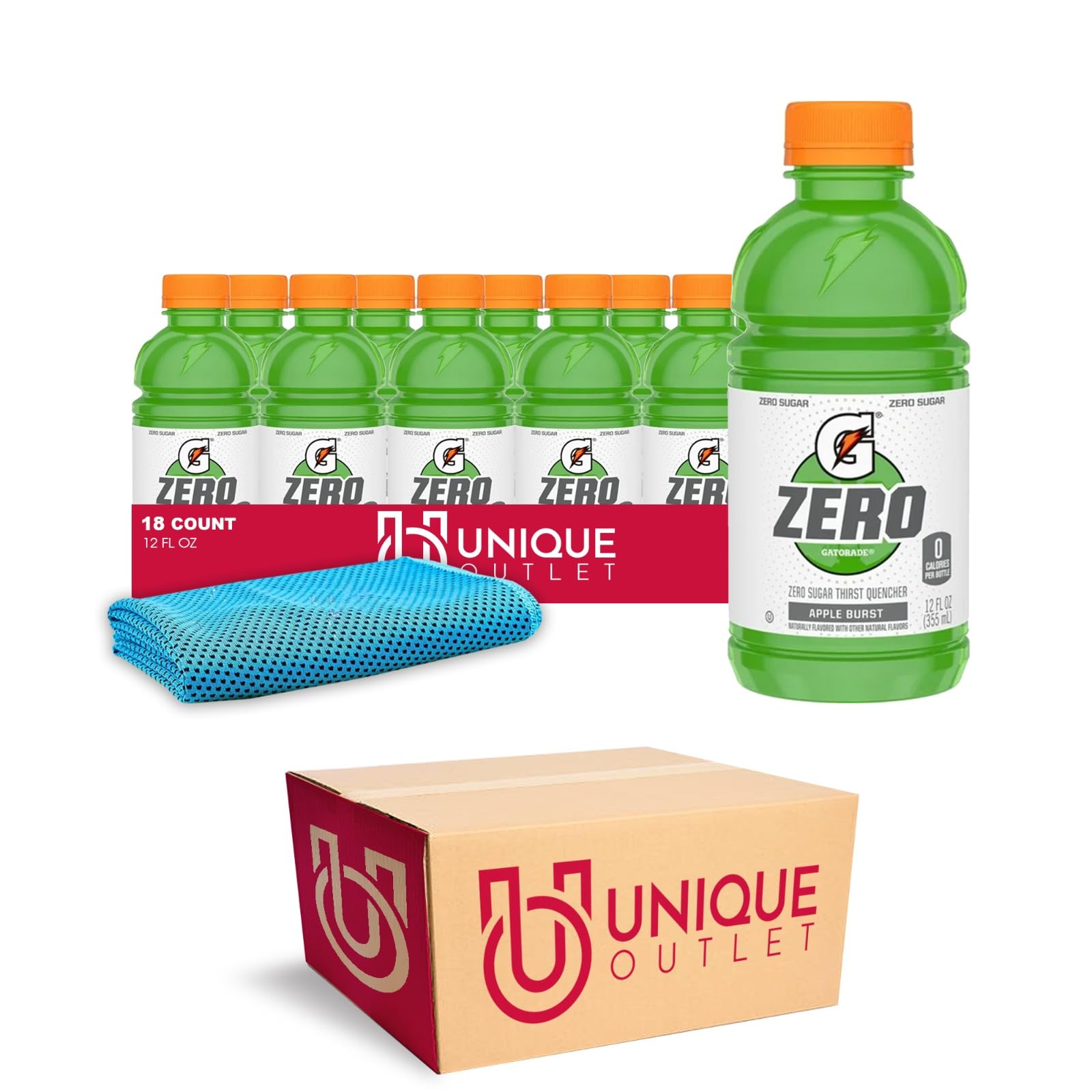 Gatorade Zero 18-Pack of Apple Burst Thirst Quencher Electrolyte Enhanced Sports Drink 12 fl oz Plastic Bottle + 1 Microfiber Cooling Towel by Unique Outlet Brand