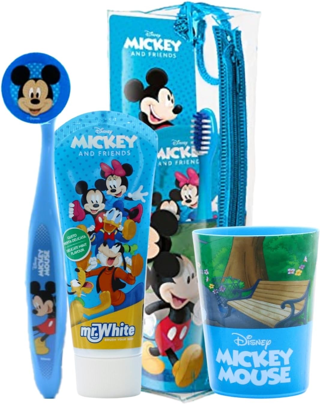 Disney Mickey Mouse Kids Toothbrush Set | BPA-Free & Non-Toxic | Soft Bristles Toothbrush with Protection Cap, Mint Flavour Toothpaste 75ml, Multi-Purpose Cup, Toiletry Bag for Children Aged 3-12