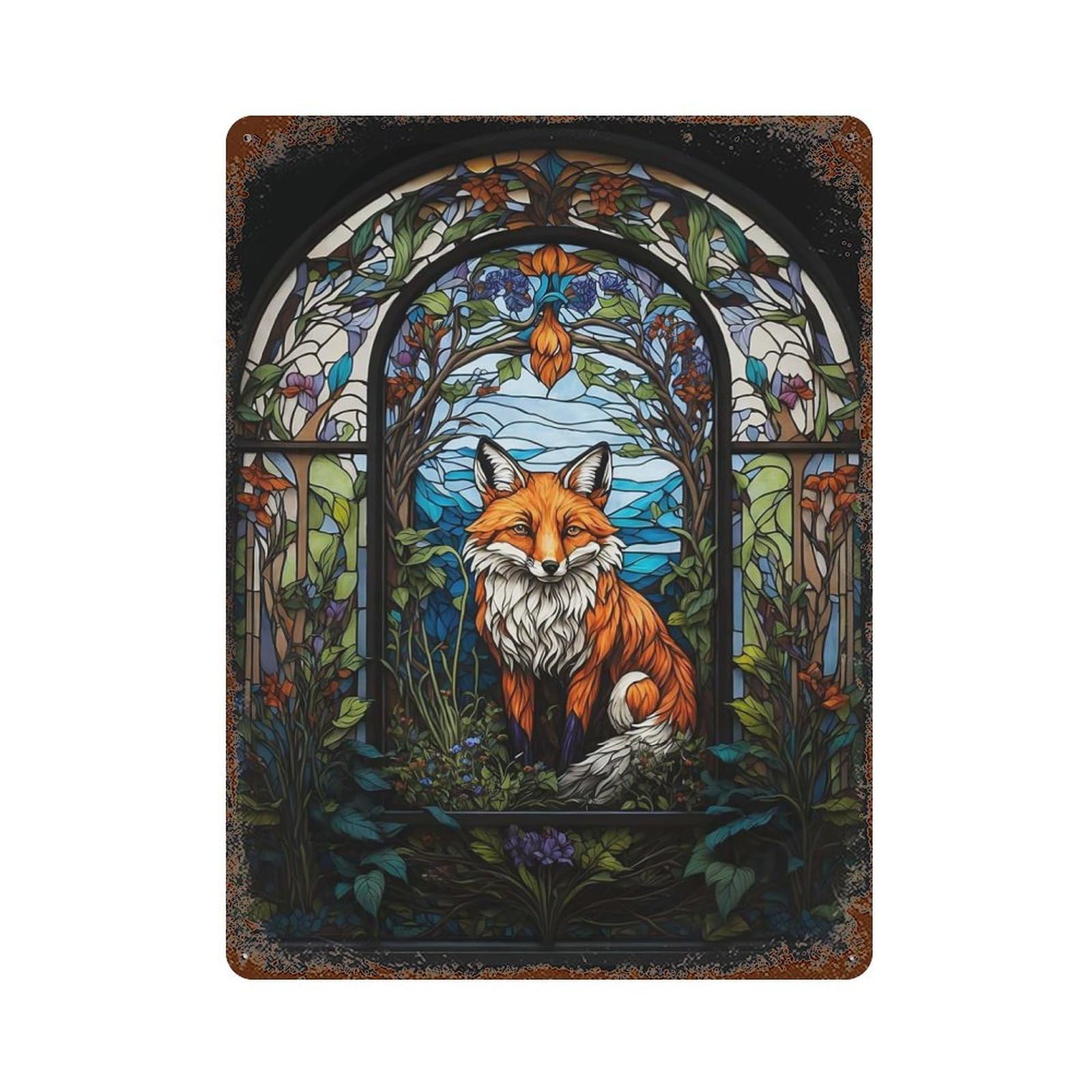 Fox Stained Glass Decorative Tin Sign 15.7"x11.8", Retro Wall Decor for Living Room, Hallway And Home Decor