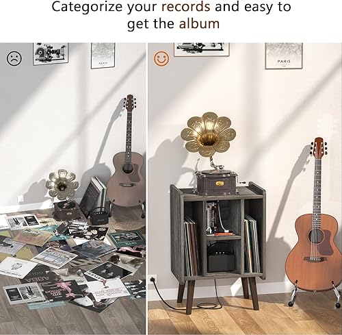 Vista 4 de Unikito Soporte para tocadiscos, soporte de vinilo con toma de corriente y puerto de carga USB, mesa de exhibición de discos resistente