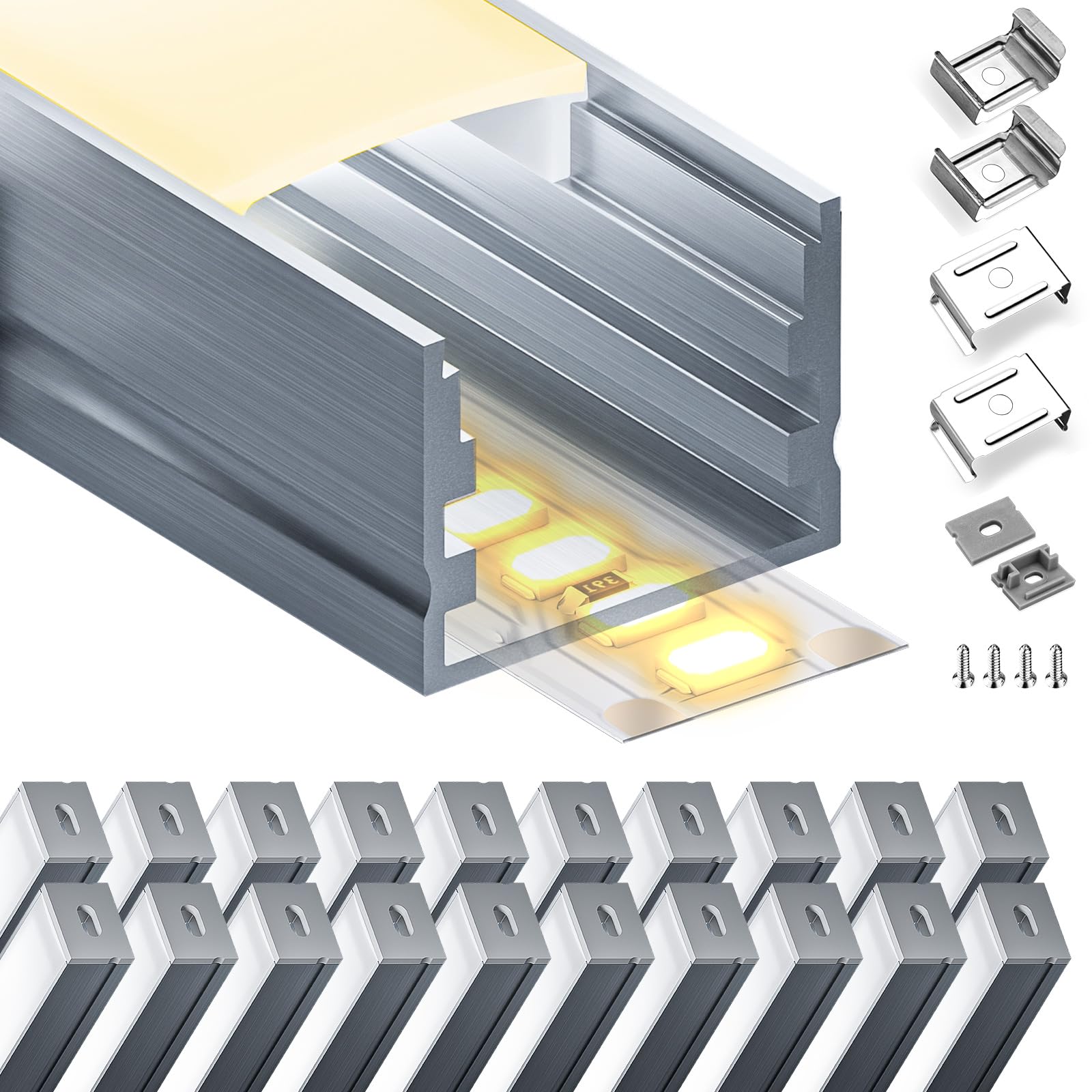LASLUX LED Aluminium Profil 20 x 2m(40m) Aluminium Oberflächenprofil für LED Streifen bis 15 mm Breite mit milchweißer PC Abdeckung und Zubehörset(SP24)