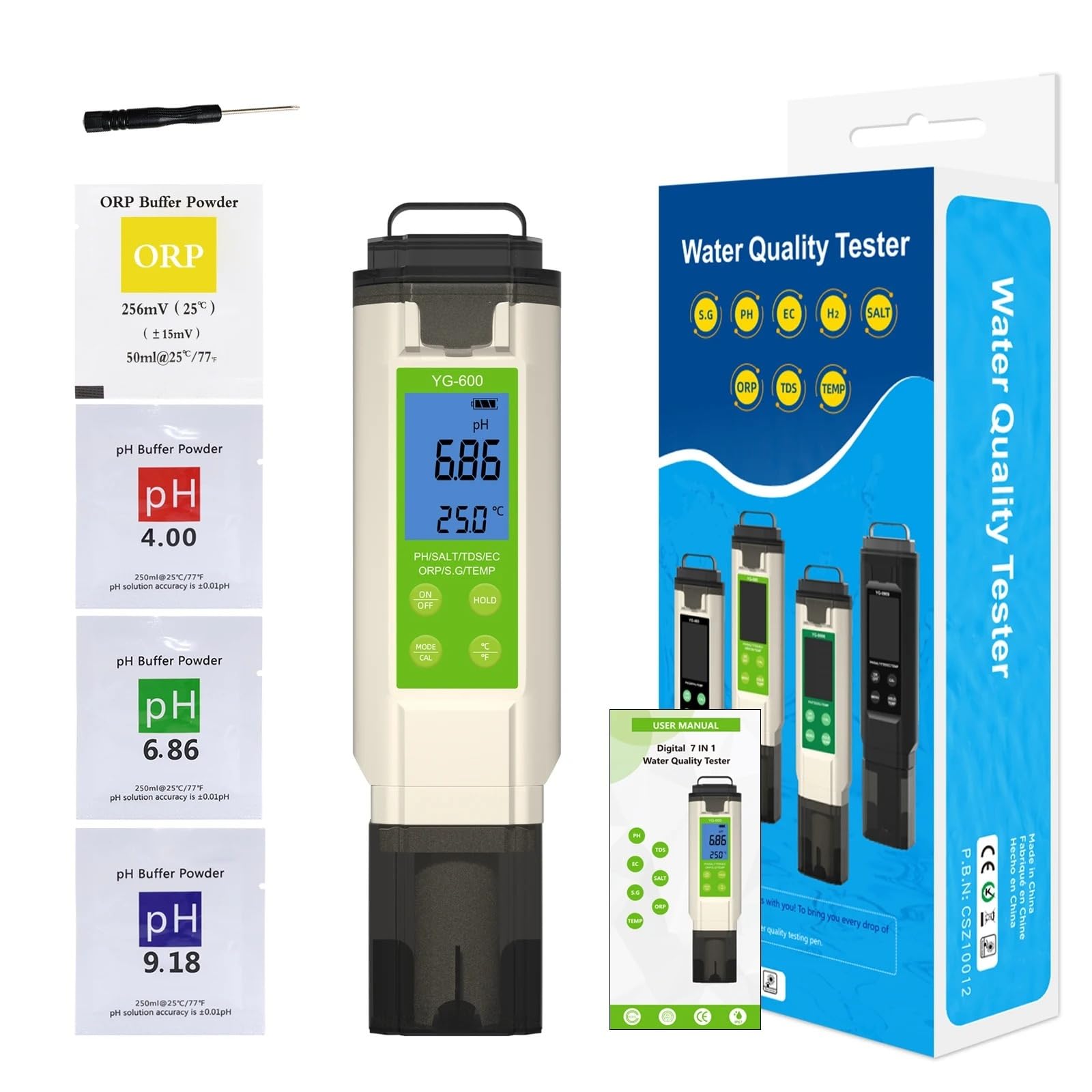 Digital pH Meter, 7-in-1 Digital PH Salinity Temp ORP TDS EC Water Quality Tester 0.01 Resolution for Aquarium Saltwater Pool Hydroponics
