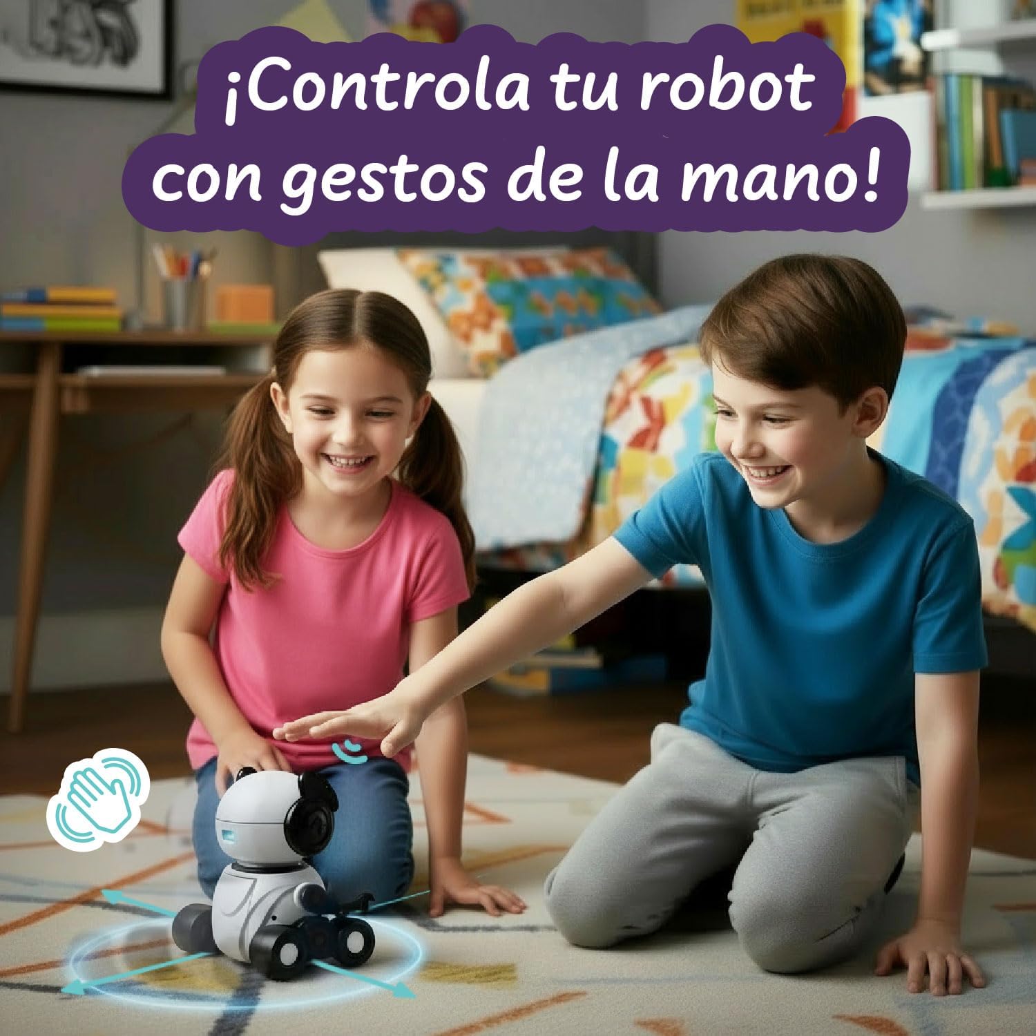 Child controlling the ROMI robot with a hand gesture, with the robot responding to the movement.