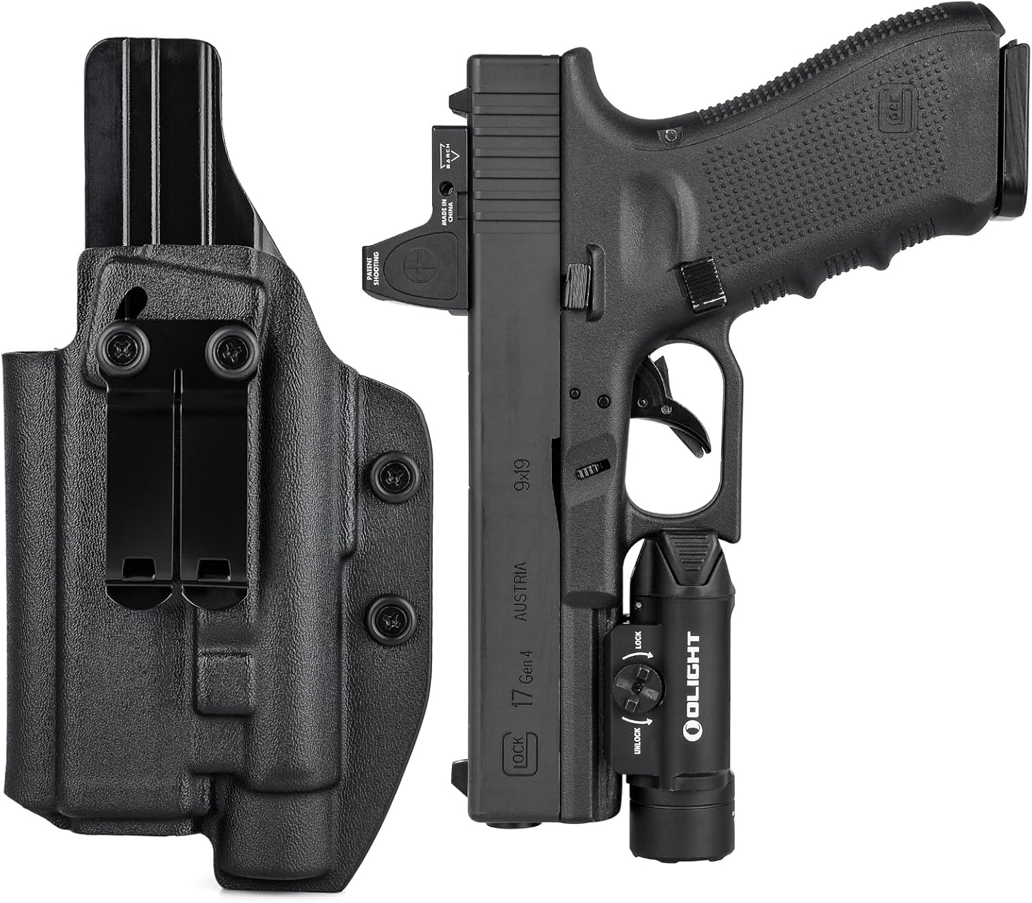 IWB Holster for Glock 19/17 with Olight PL 2/ PL Pro/PL 3/ PL 3R/ PL 3S Flashlight, Optics Cut, Holster for Concealed Carry Fits Glock G17 G19 19x 22 23 31 32 44 45 MOS with Light, Inside Waistband