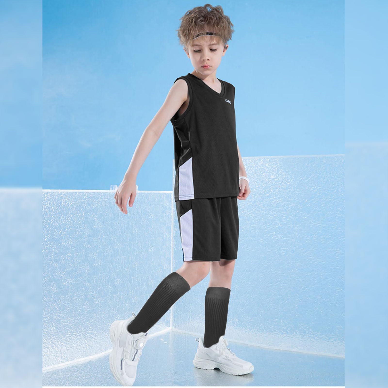 EUPSIIU 2 Pares Medias de Fútbol Largos para Niños Calcetines Deportivos de Niños Largo Tubo de Calcetines, Calcetines de Fútbol, Baloncesto, Rugby, Correr, Niños Niñas 5-13 Años (Negro)