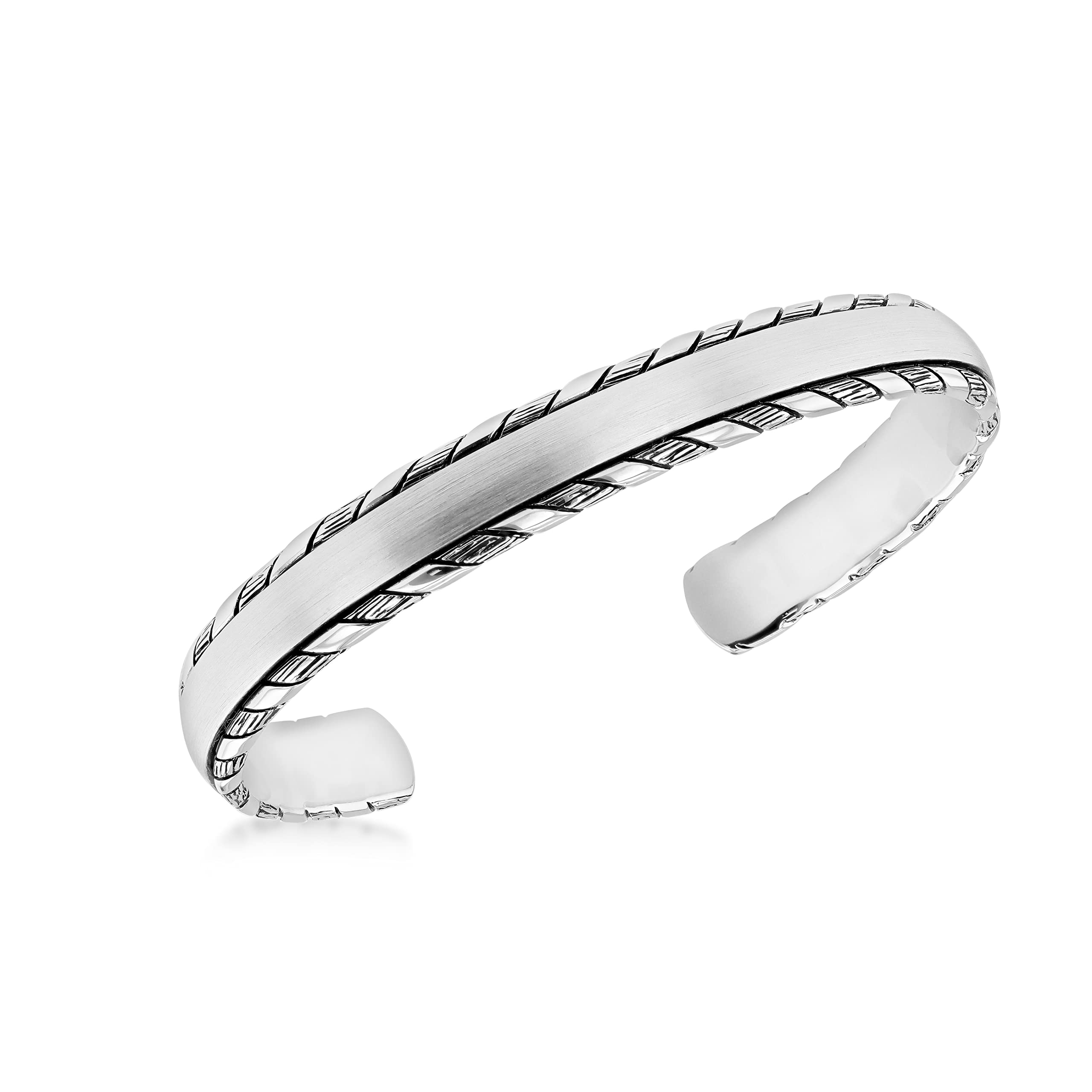 Tuscany Silver Brazalete de plata de ley chapado en rodio mate cepillado y trenzado para hombre, talla única, Plata chapada en rodio