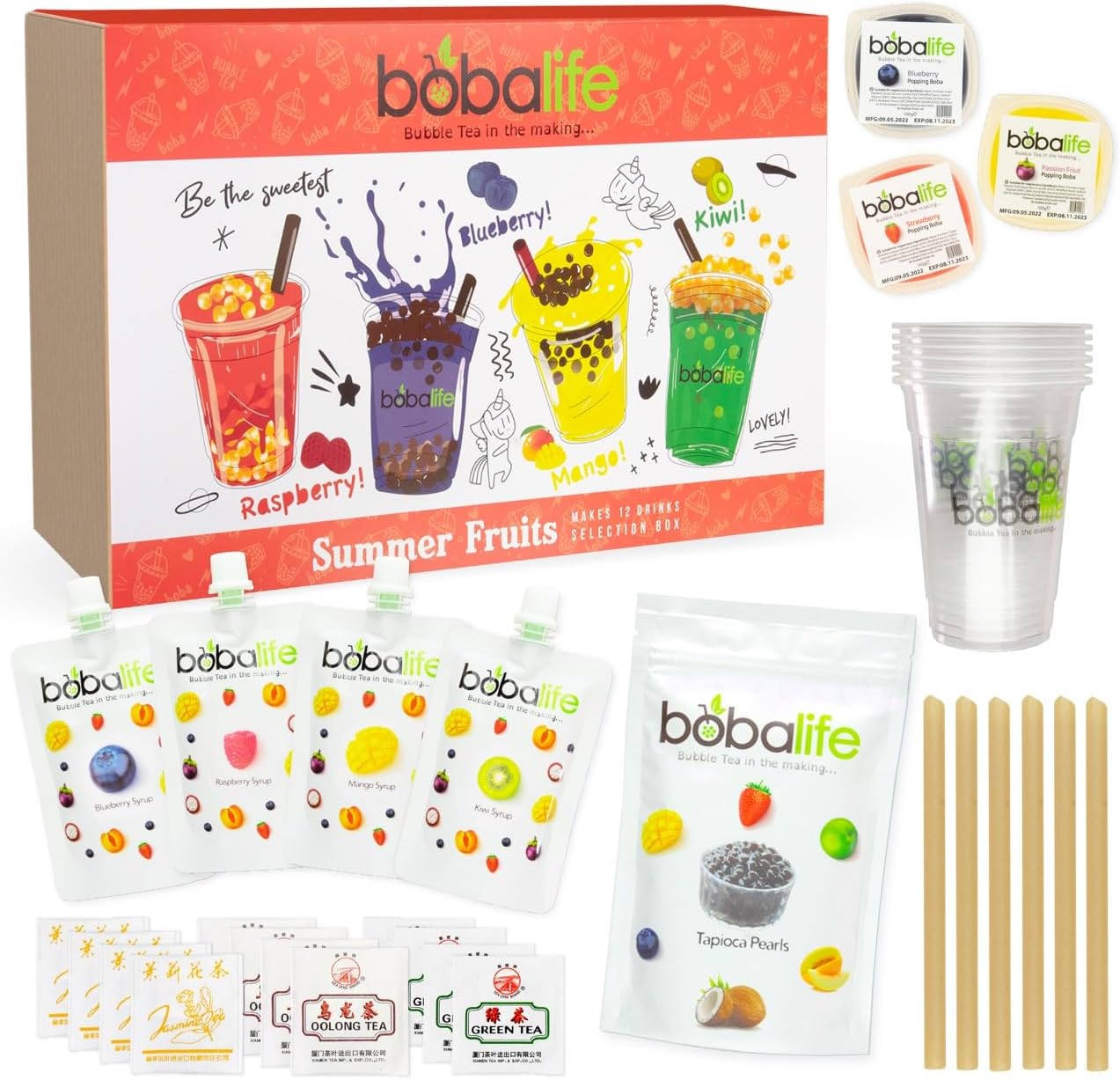 Bobalife Summerfruit Bubble Tea Kit - Make Your Own Boba Tea At Home | 12 Drinks | Popping Boba & Tapioca Pearls | Vegan Gluten Gift Set